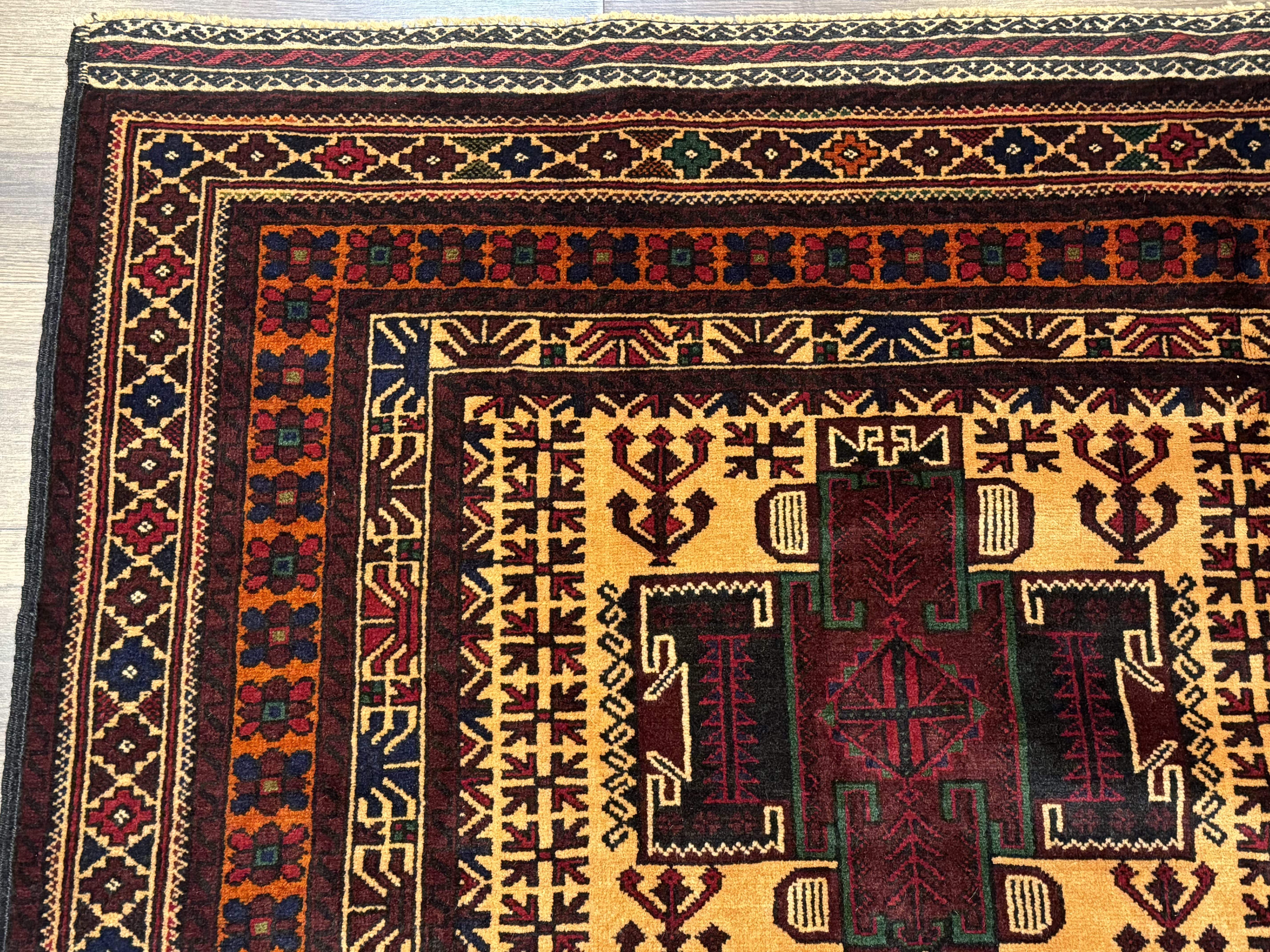 Persian Baluch Rug 4x7 – Golden Yellow and Burgundy, Hand-Knotted Wool Tribal Carpet - Jewel Rugs