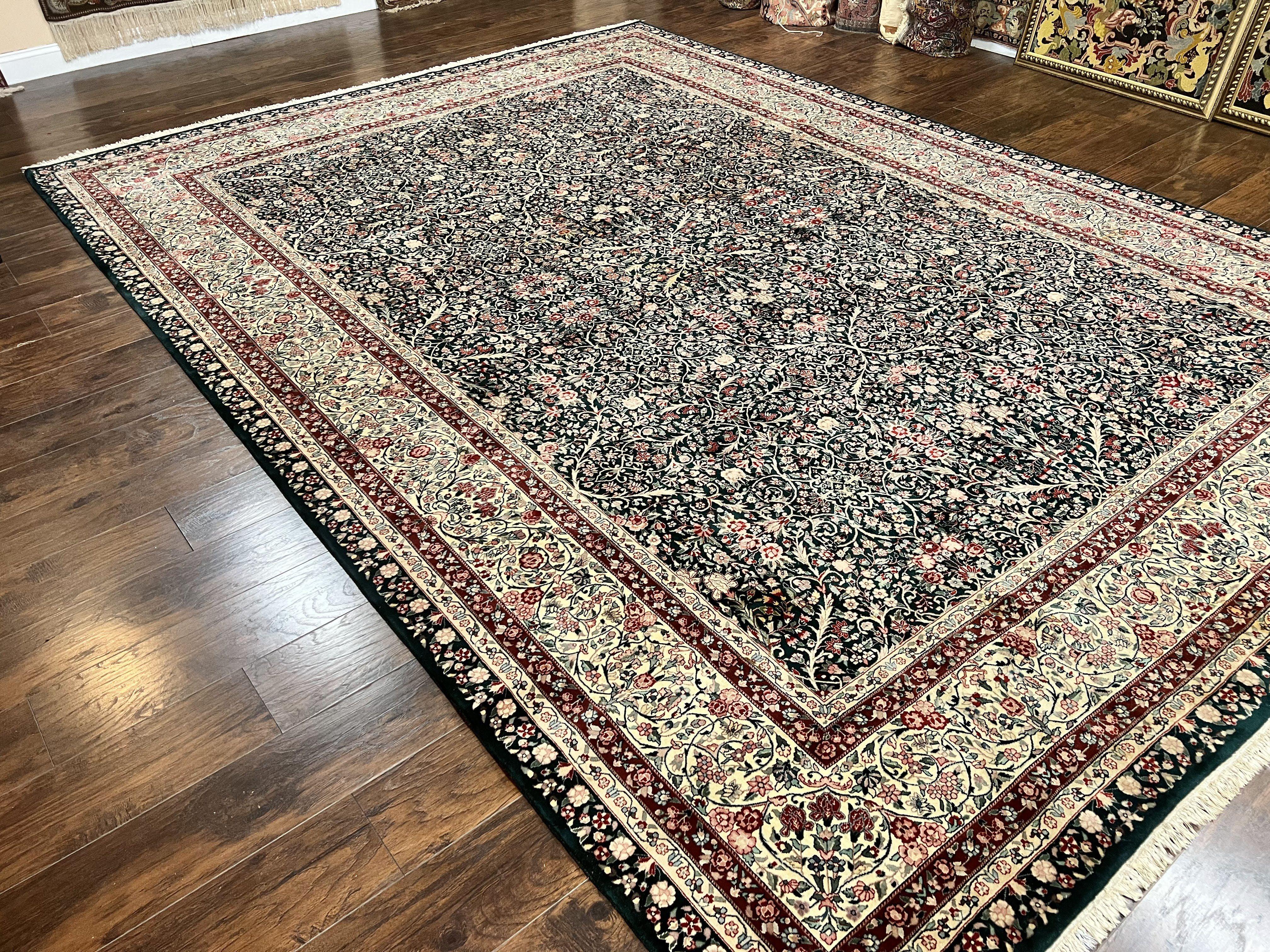 Large Sino Persian Rug 10x14, Wool Hand Knotted Vintage Carpet, Dark Green & Beige, Kirman Floral Rug, Fine Weave, Traditional, Large - Jewel Rugs