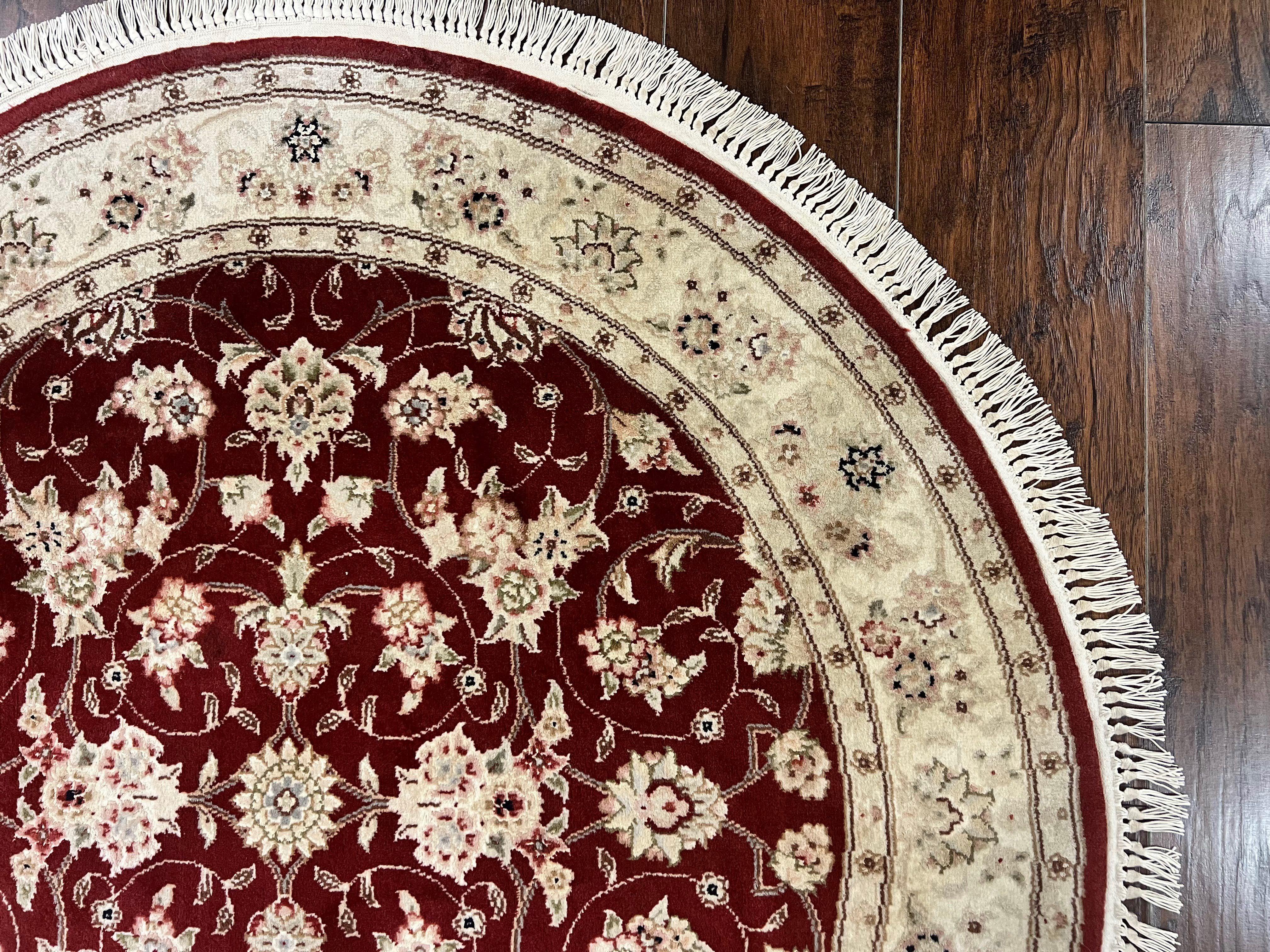 Sino Persian Round Rug 4x4, Wool Hand Knotted Oriental Carpet, Maroon & Ivory Vintage Rug, Floral Rug, Traditional Rug 4 x 4, Fine Rug - Jewel Rugs