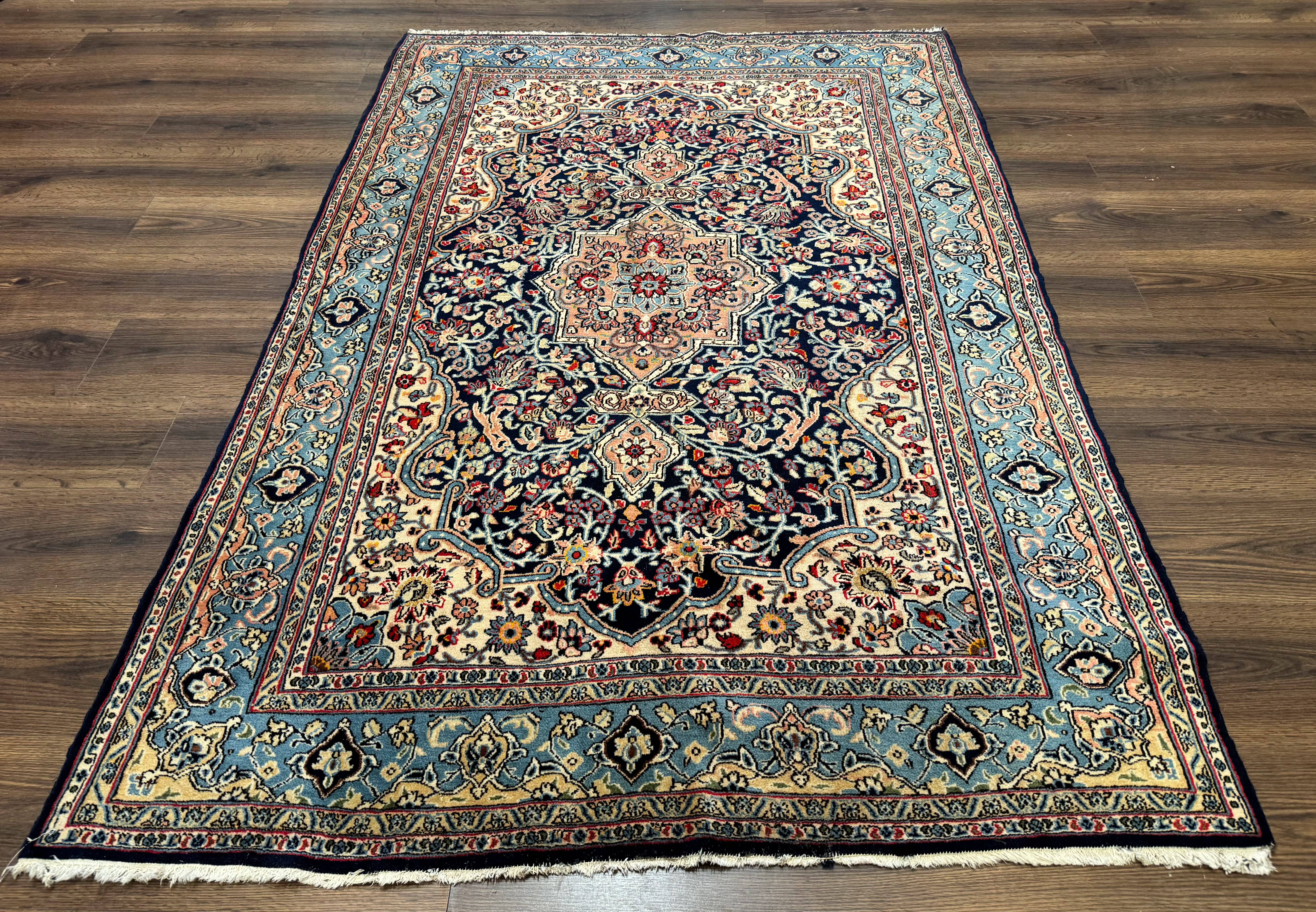 Persian Qum Rug 5x7 in Navy Light Blue and Ivory, Wool wilh Silk Highlights, 225 KPSI - Jewel Rugs