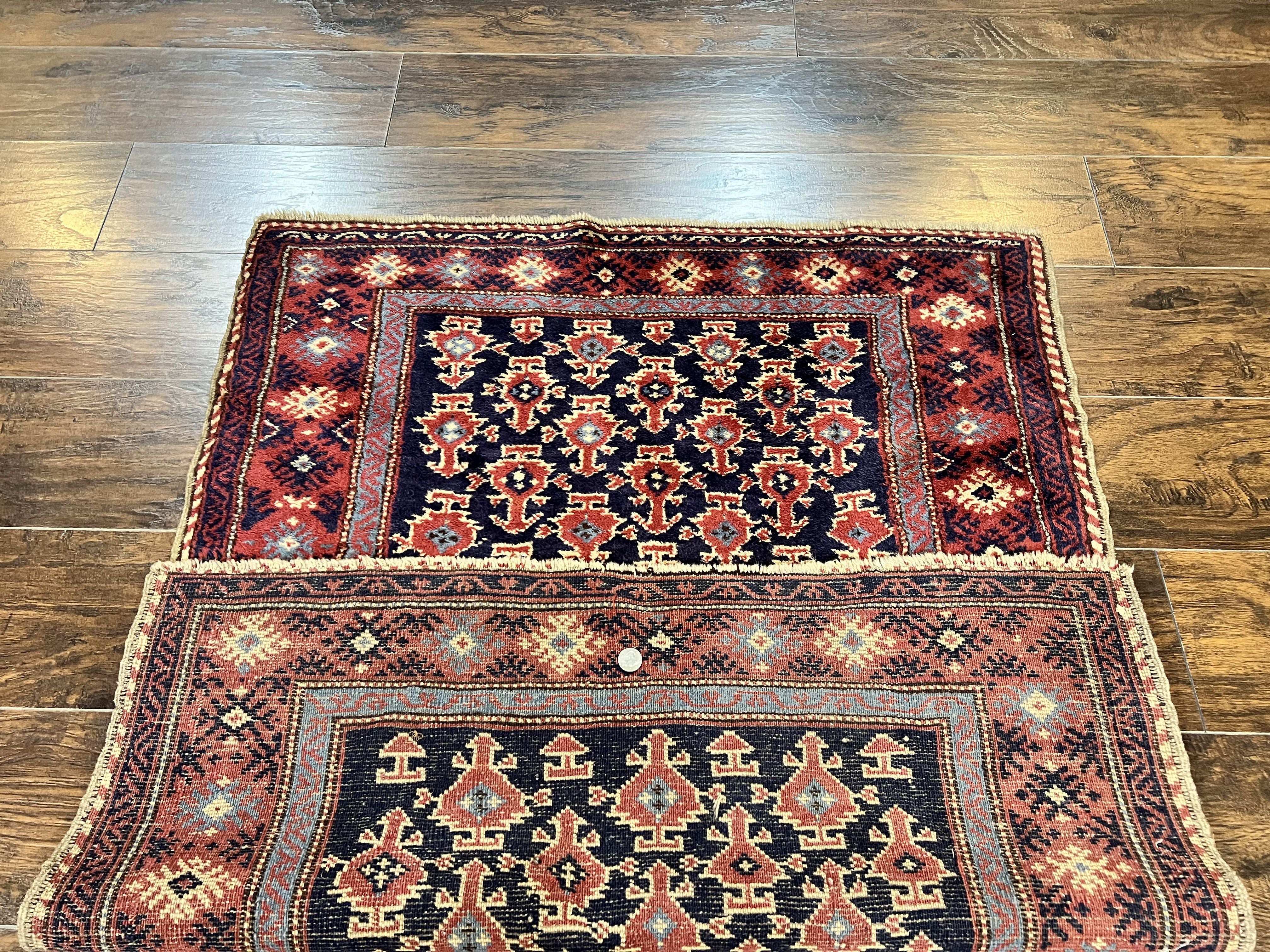 Turkish Sparta Rug 3x4, Allover Pattern, Navy Blue and Red, Antique Ispara Oriental Carpet 3 x 4, Small Turkish Handmade Vintage Wool Rug - Jewel Rugs