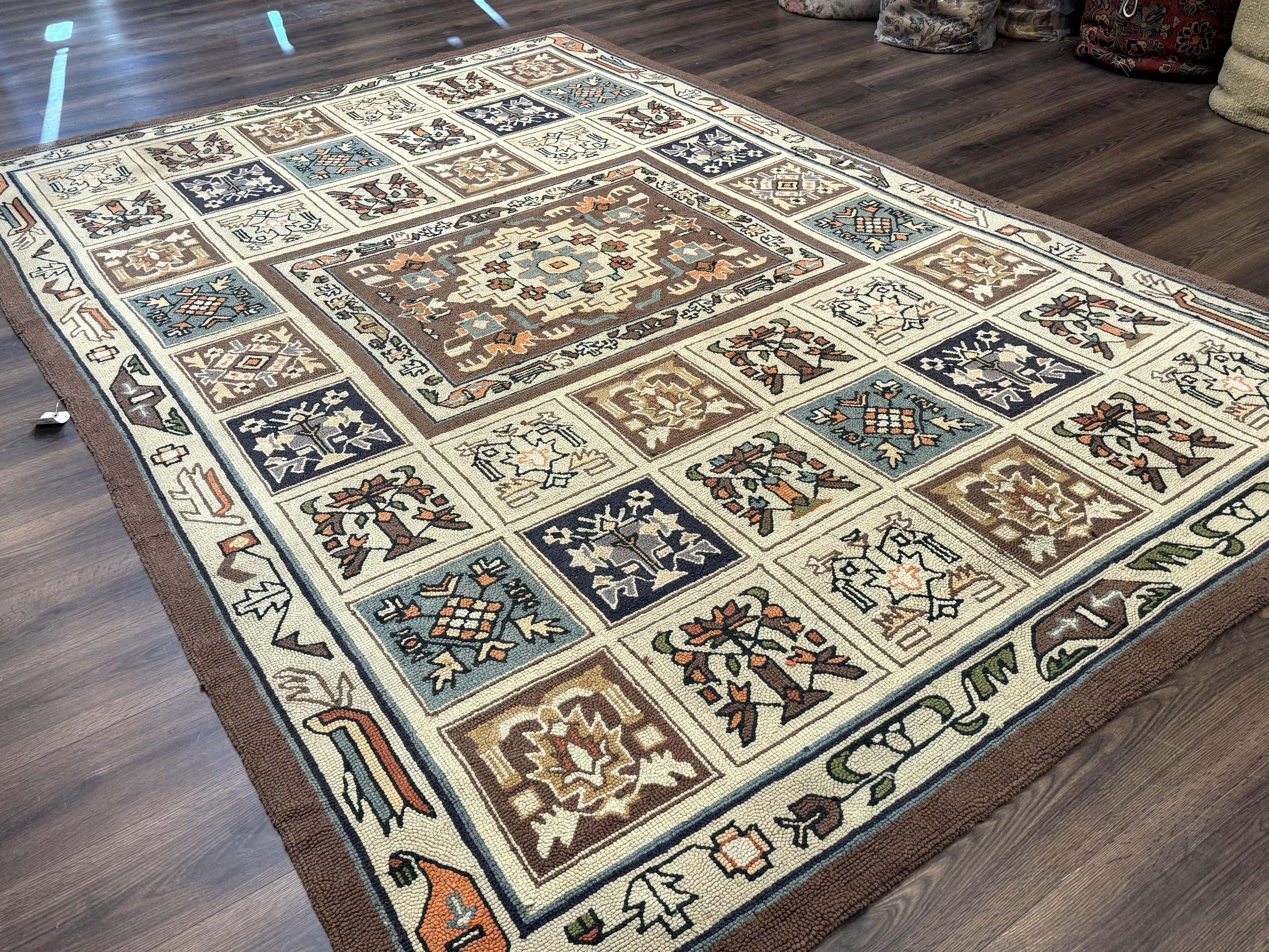 Hooked Rug 8x11, Vintage, American Vintage Hand Hooked Area Rug, Multicolor Panel, Rare - Jewel Rugs