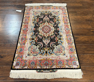 Stunning Persian Tabriz Rug 3.5 x 5, Super Fine, Kork Wool on Silk, Floral Medallion, 70 Raj, 650 KPSI, Signed Master Piece, Hand Knotted, Black
