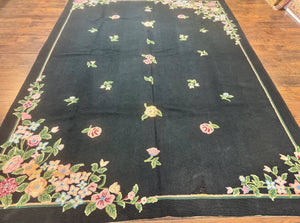 Vintage Hand Hooked Rug 8x11, Black, Handmade Floral Carpet
