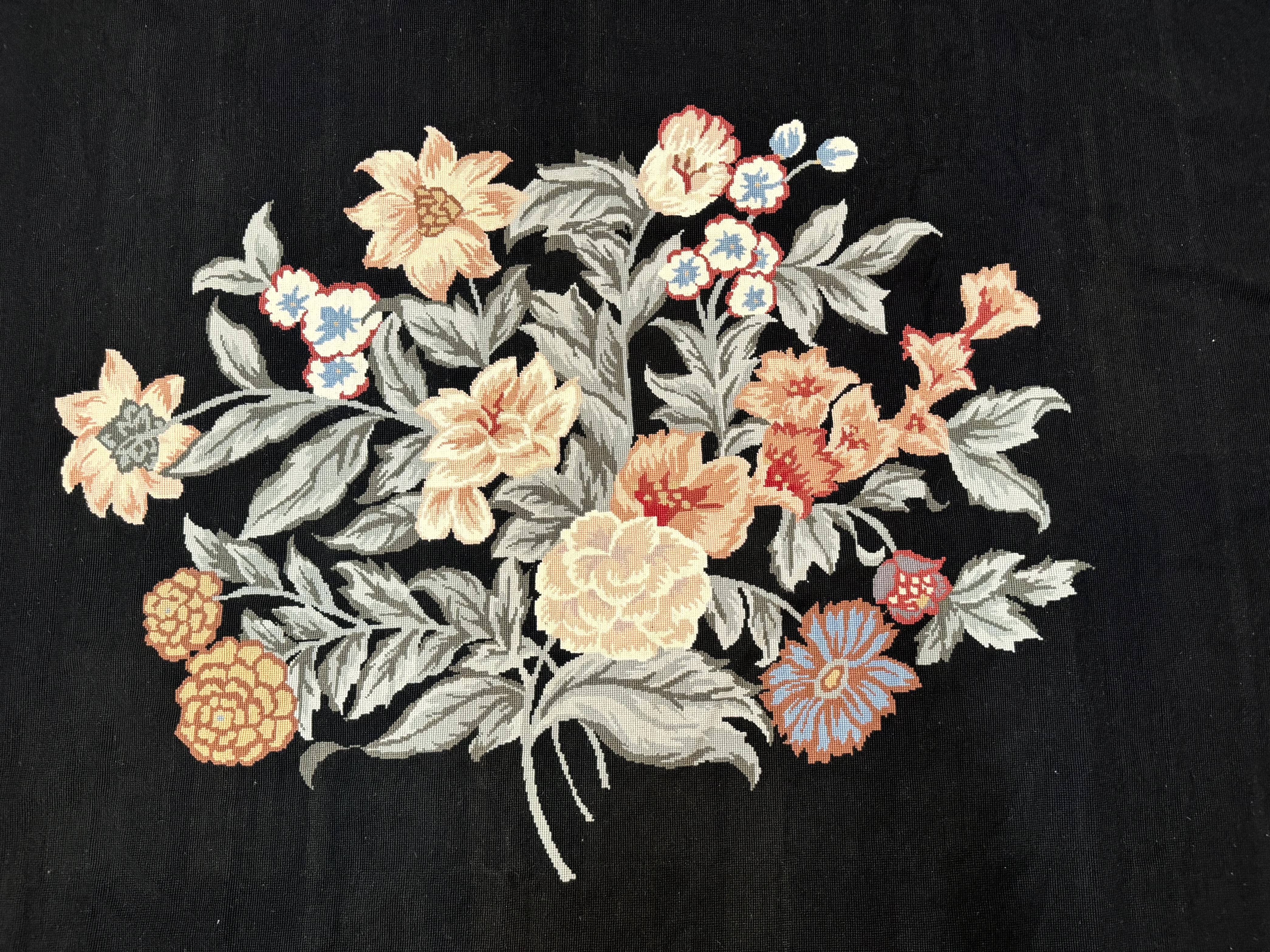 Black Needlepoint Rug 8x11 with Multicolor Flowers, Vintage Carpet - Jewel Rugs