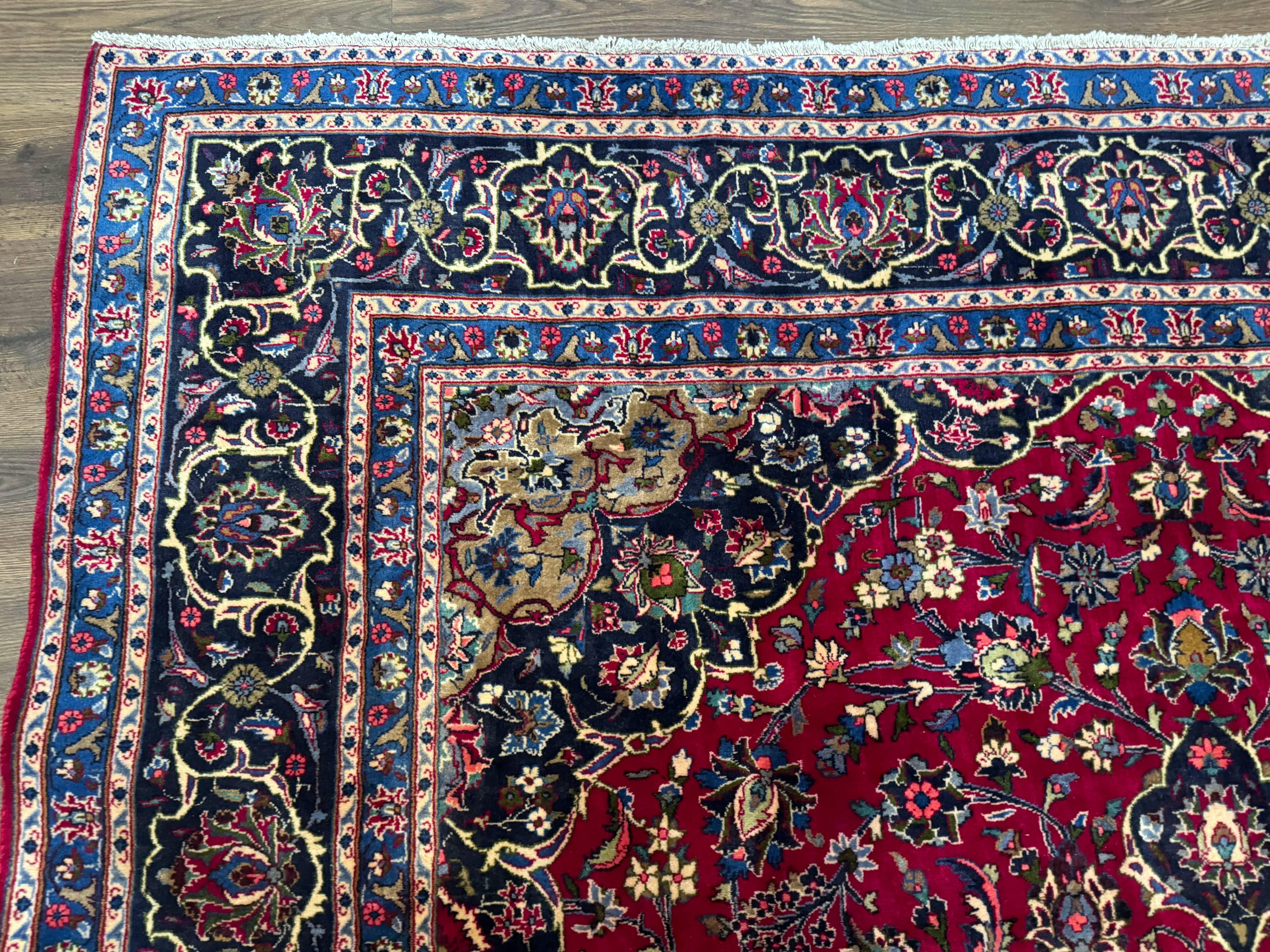 Traditional Persian Rug 8x11, Red Navy Blue, Floral Medallion, Antique Persian Mashad Carpet, Wool - Jewel Rugs