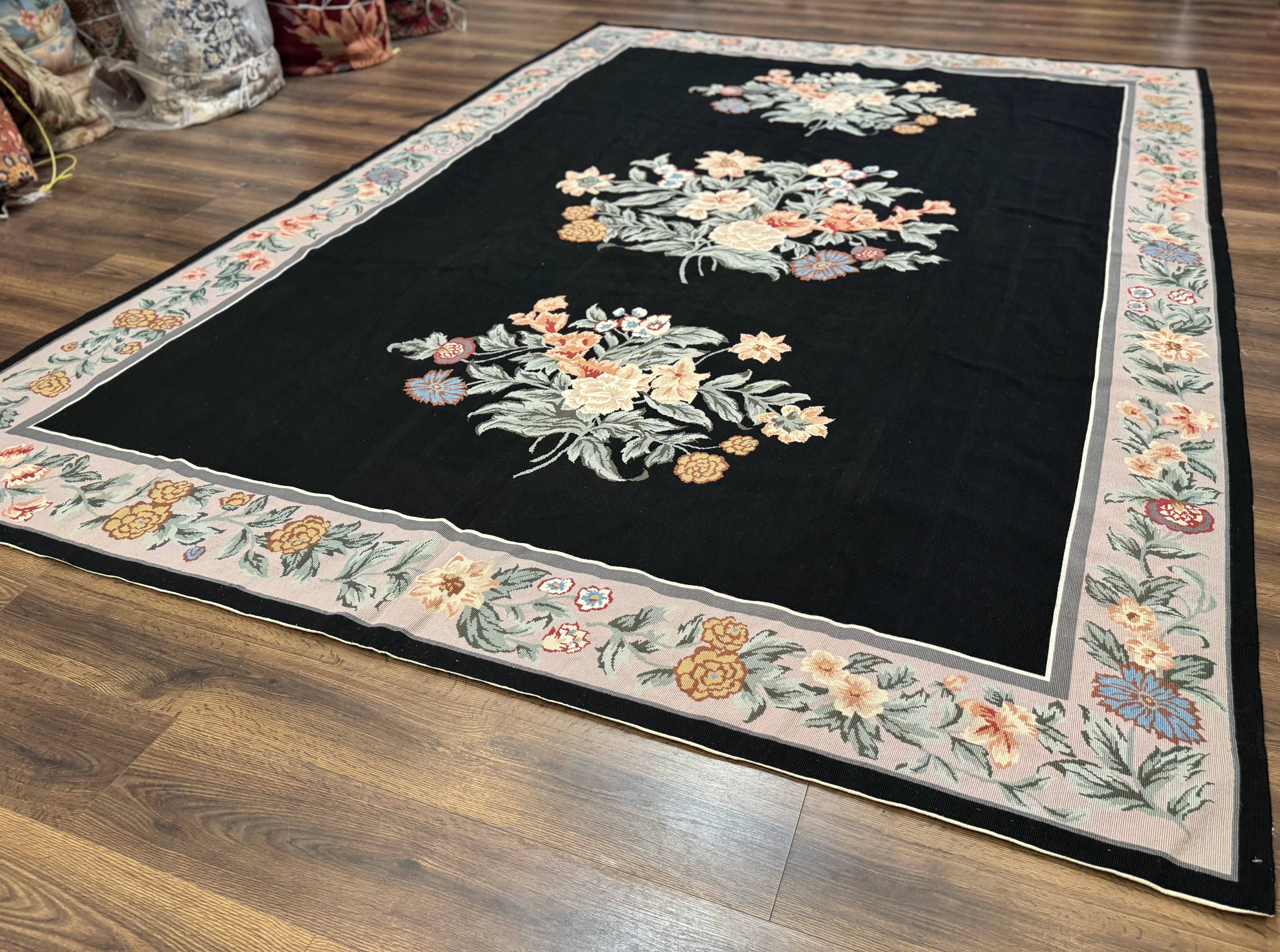 Black Needlepoint Rug 8x11 with Multicolor Flowers, Vintage Carpet - Jewel Rugs