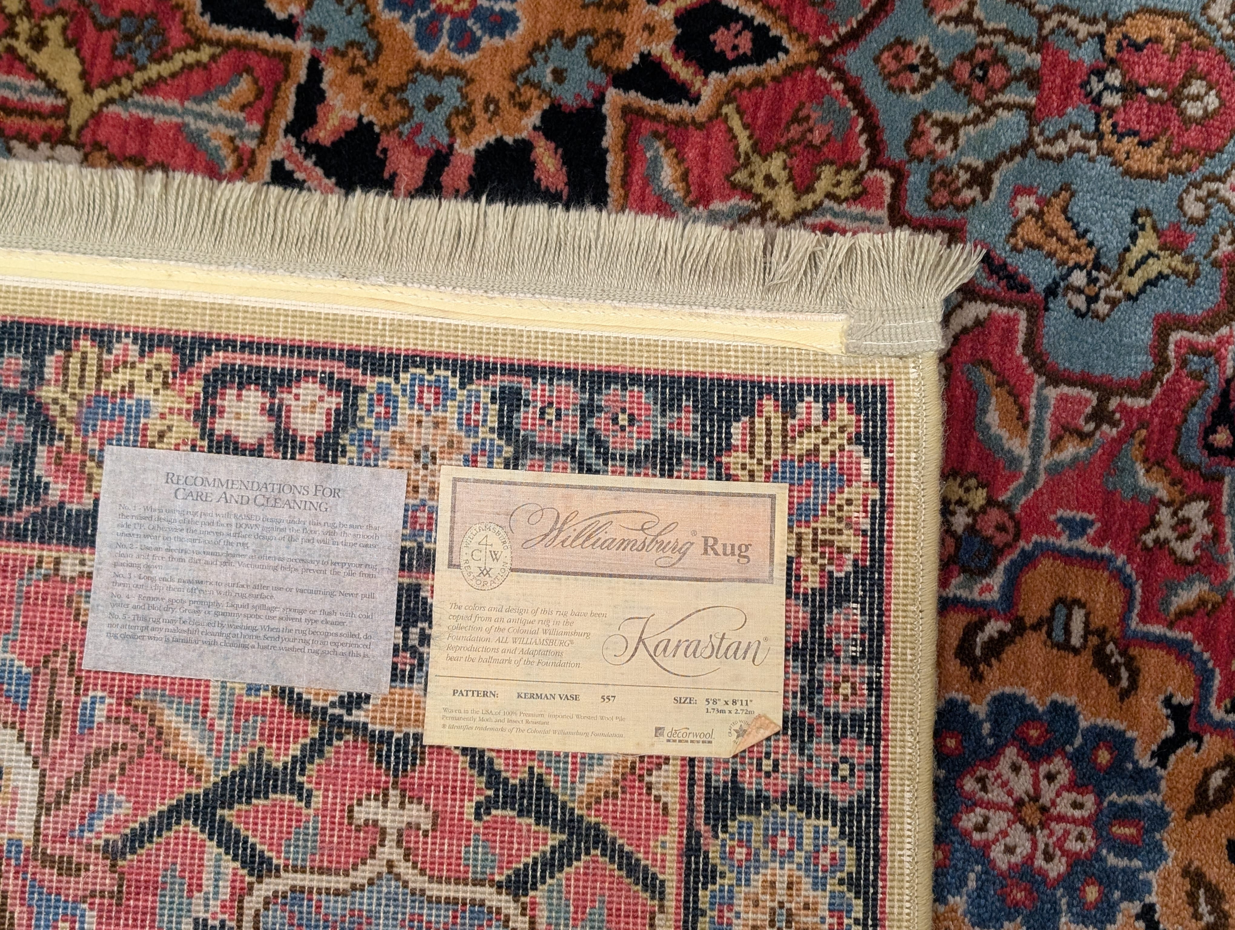 Karastan Rug 5.8 x 9 Williamsburg Kirman Vase #557, Vintage Discontinued Wool Karastan Area Rug - Jewel Rugs