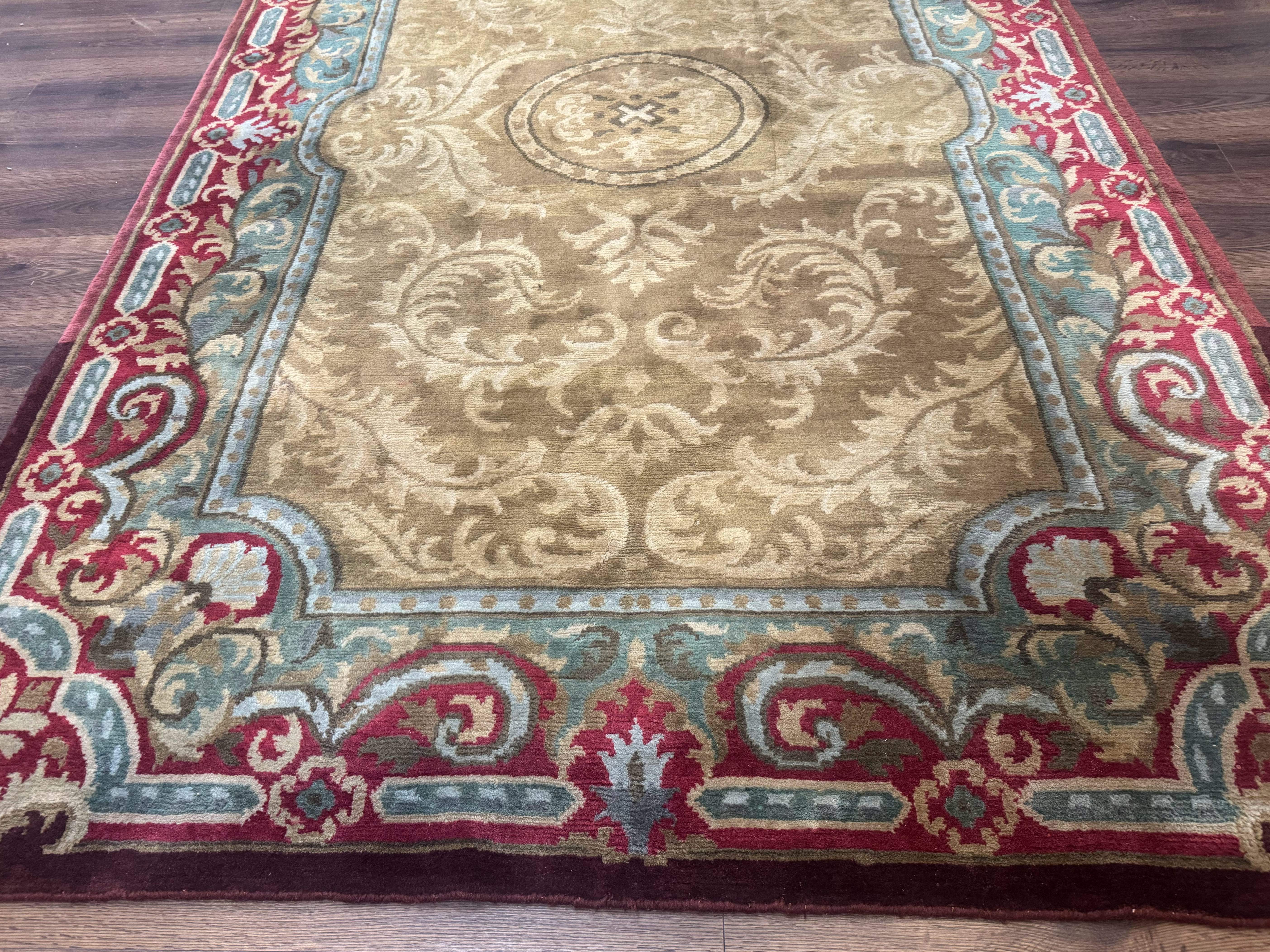 Tibetan Aubusson Rug 6x9, Gold-Beige, Soft Wool Pile, Handmade - Jewel Rugs
