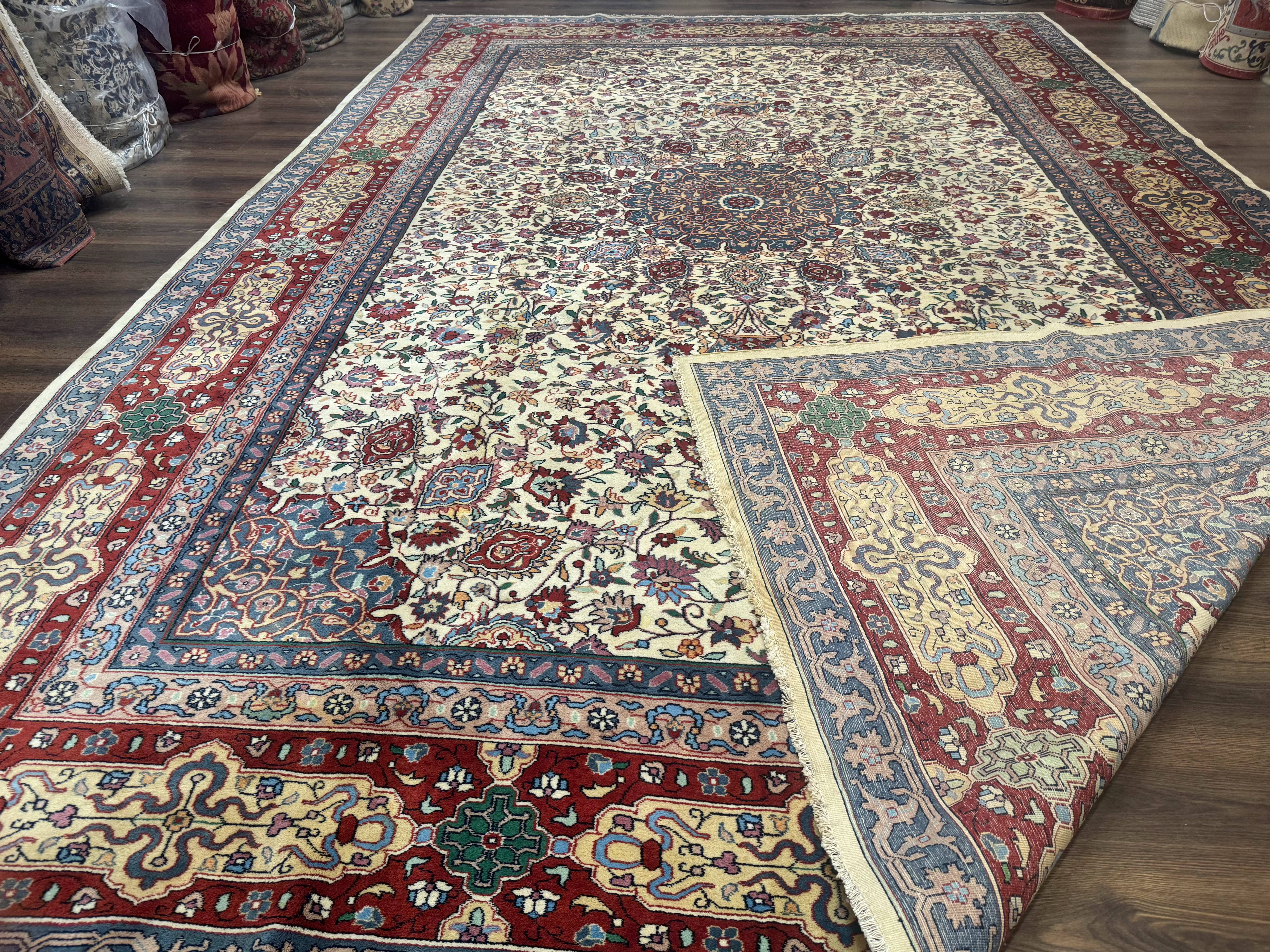 Persian Mashad Rug 10x16, Palace Size Handmade Wool Carpet, Cream Red, Floral Medallion, Vintage - Jewel Rugs