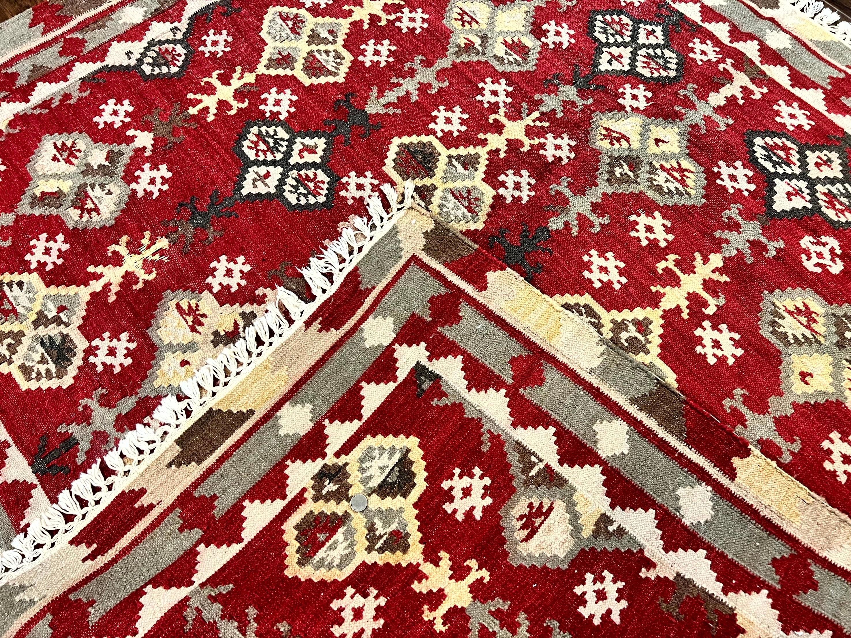 Indian Kilim Rug 6x6, Square Kilim Flatweave Carpet, Vintage Handmade Wool Rug, Red - Jewel Rugs