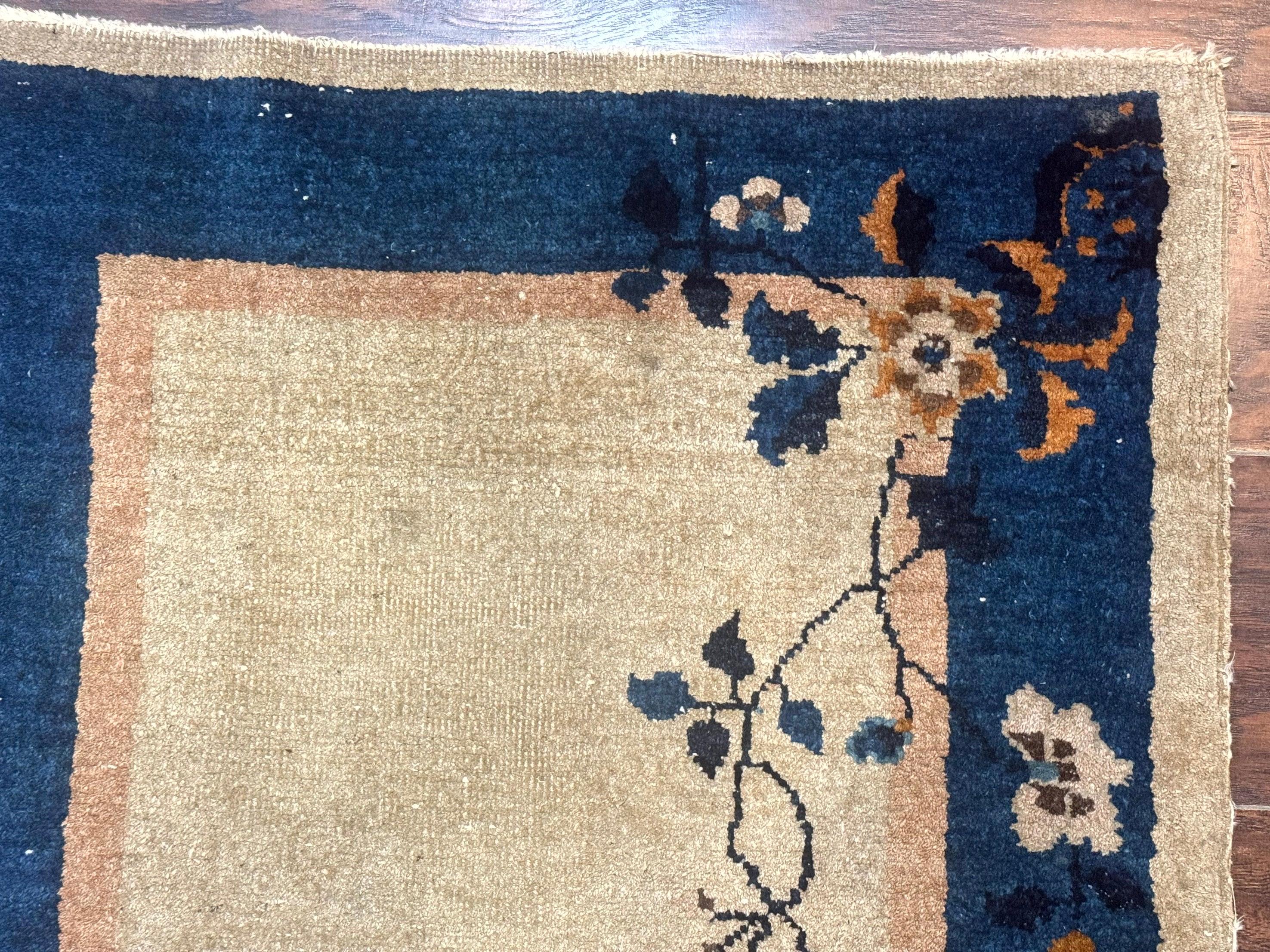 Antique Chinese Wool Rug 2.7 x 5, Simple Design, Peking Carpet, 1920s Rug, Beige and Blue, Floral - Jewel Rugs