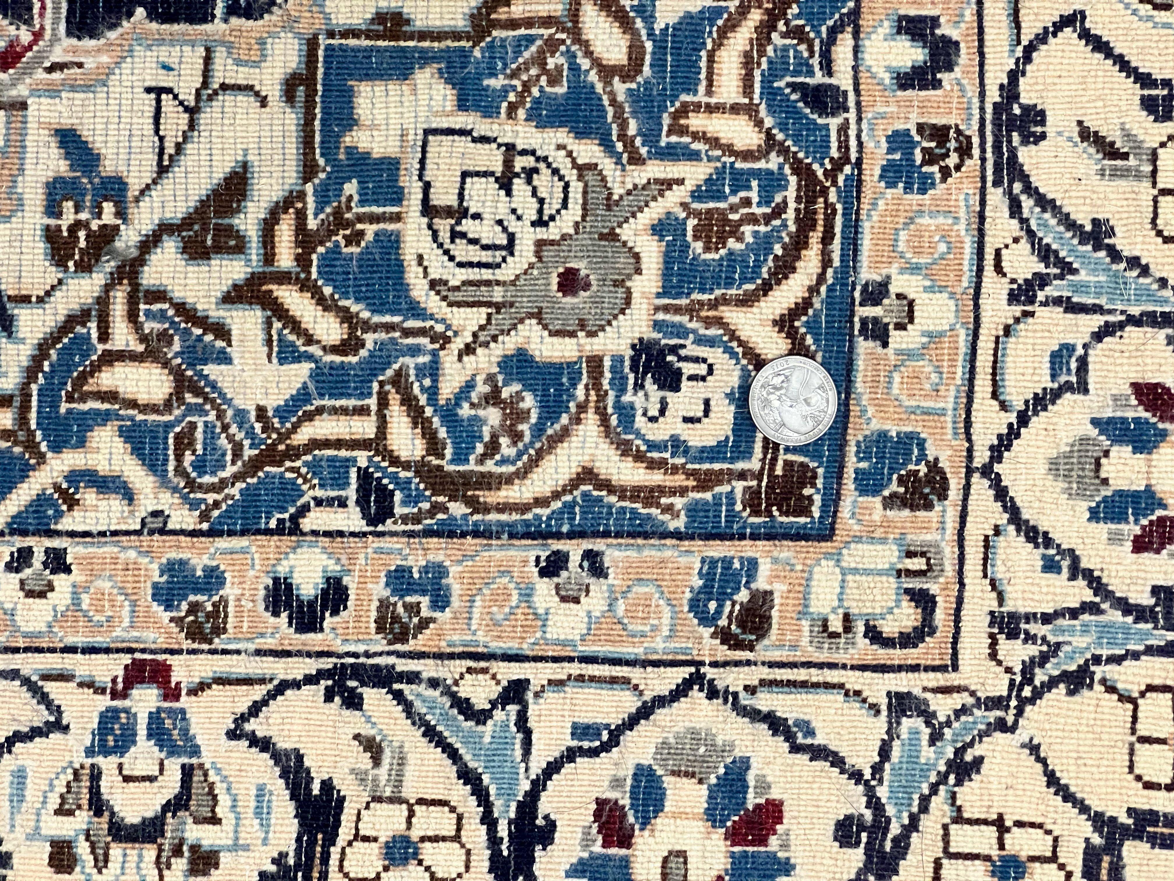 Persian Nain Rug 4x6, Floral, Hand Knotted Vintage Wool & Silk Highlights, Signature from Masterweaver, Navy Blue and Ivory - Jewel Rugs