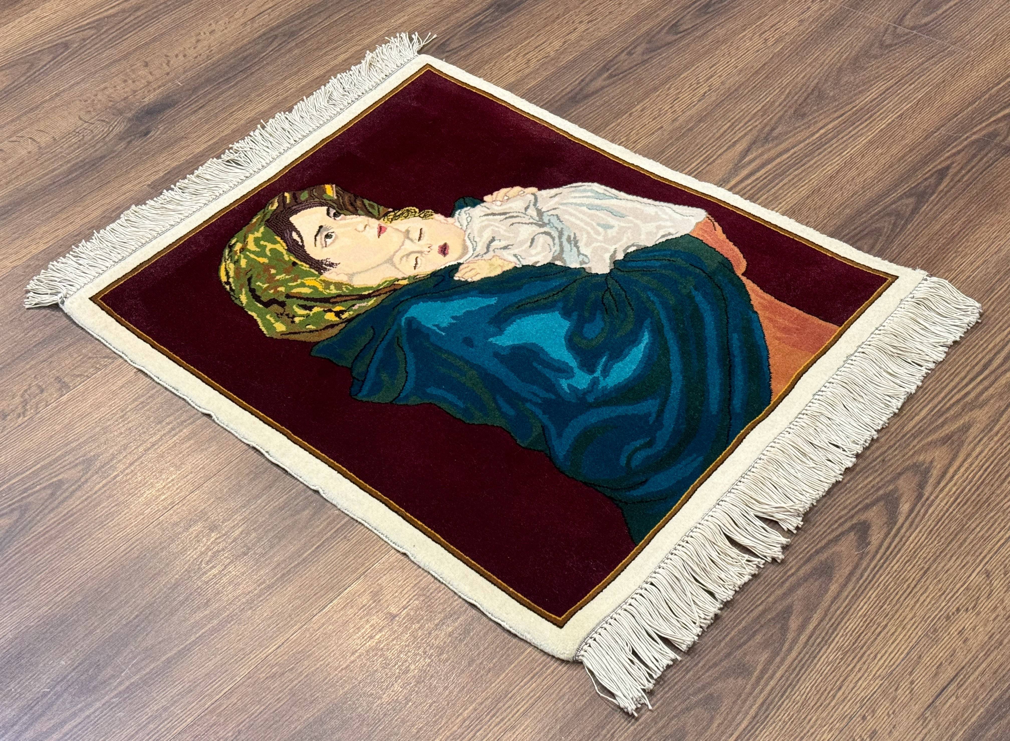 Small Persian Tabriz Pictorial Rug 2x2, Mother Holding Child, Very Fine 340 KPSI, Maroon - Jewel Rugs