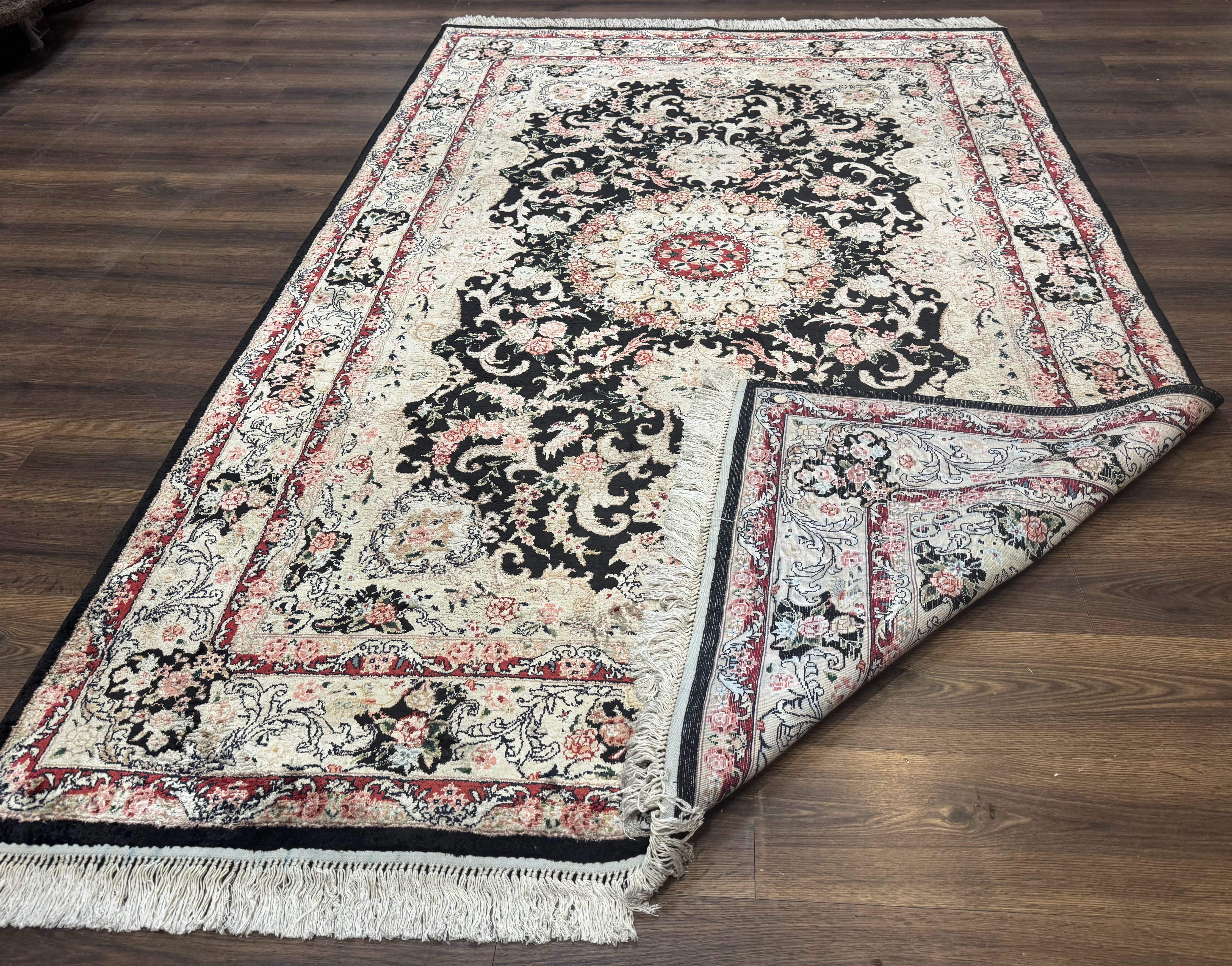 Indian Kashmiri Silk Rug, Floral Medallion, Vintage Hand Knotted Carpet - Jewel Rugs