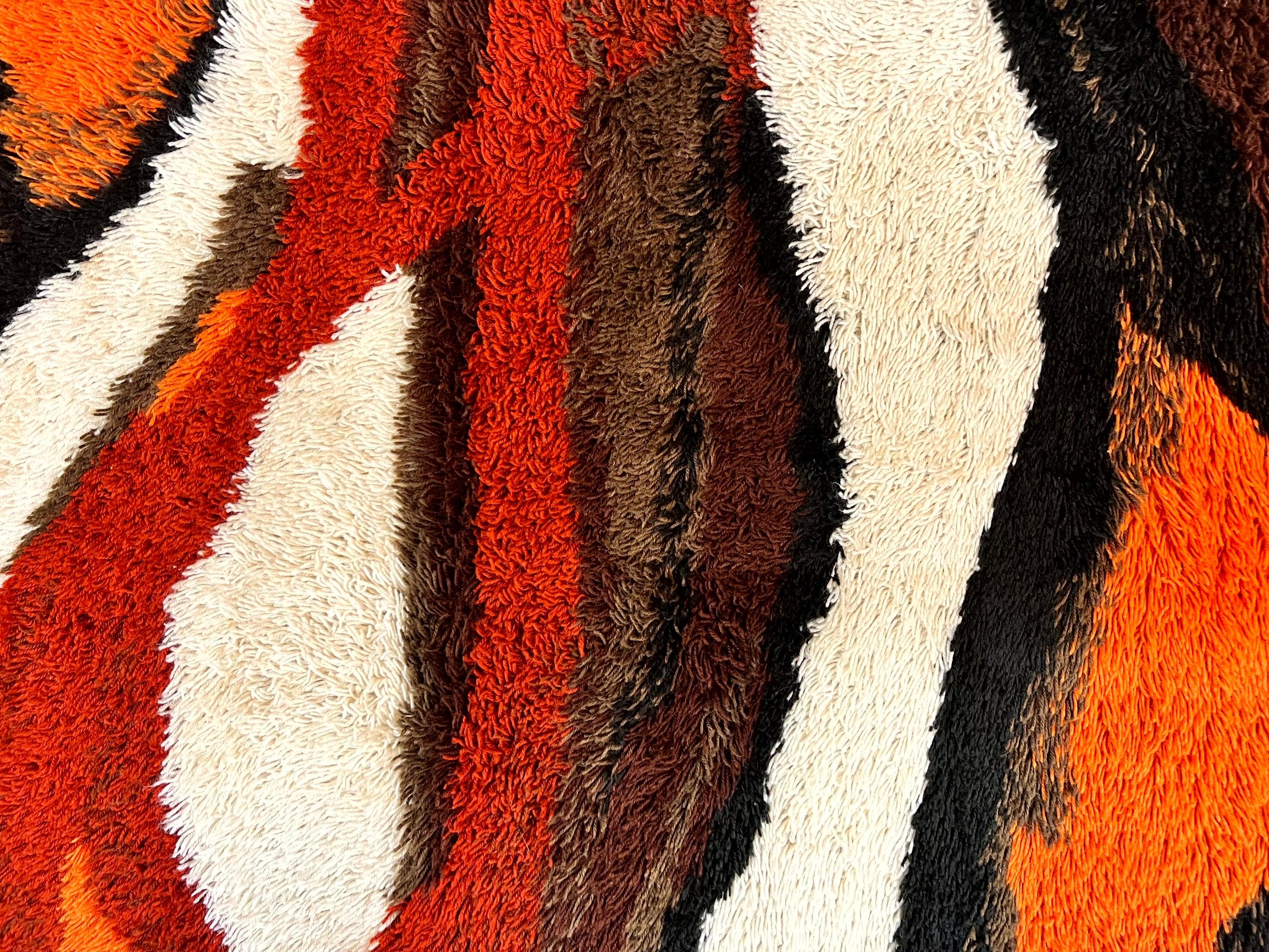 Danish Rya Rug 4x6, Mid Century Modern Abstract EGE Rya Carpet, Vintage Retro Shag Rug, Orange Brown Ivory Black - Jewel Rugs