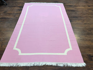 Indian Dhurrie Rug 5x8, Wool Handmade Contemporary Carpet, Pink Flatweave Kilim Area Rug, Medium Sized Rug 5 x 8 ft