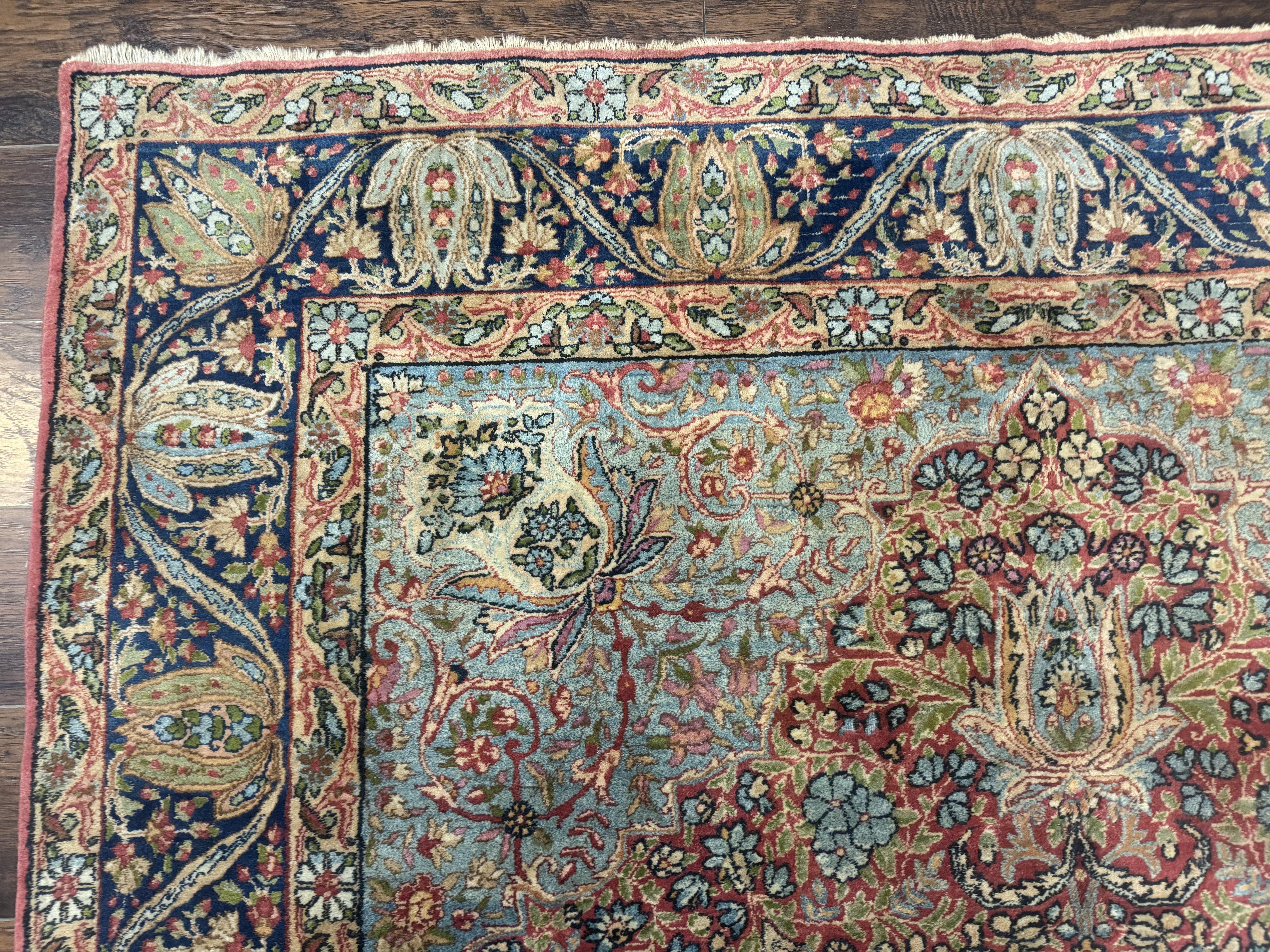 Antique Persian Kerman Lavar Rug 6x10, Colorful Navy Blue Red Light Blue, Floral, Multicolor, Very Fine, Handmade, 225 KPSI - Jewel Rugs