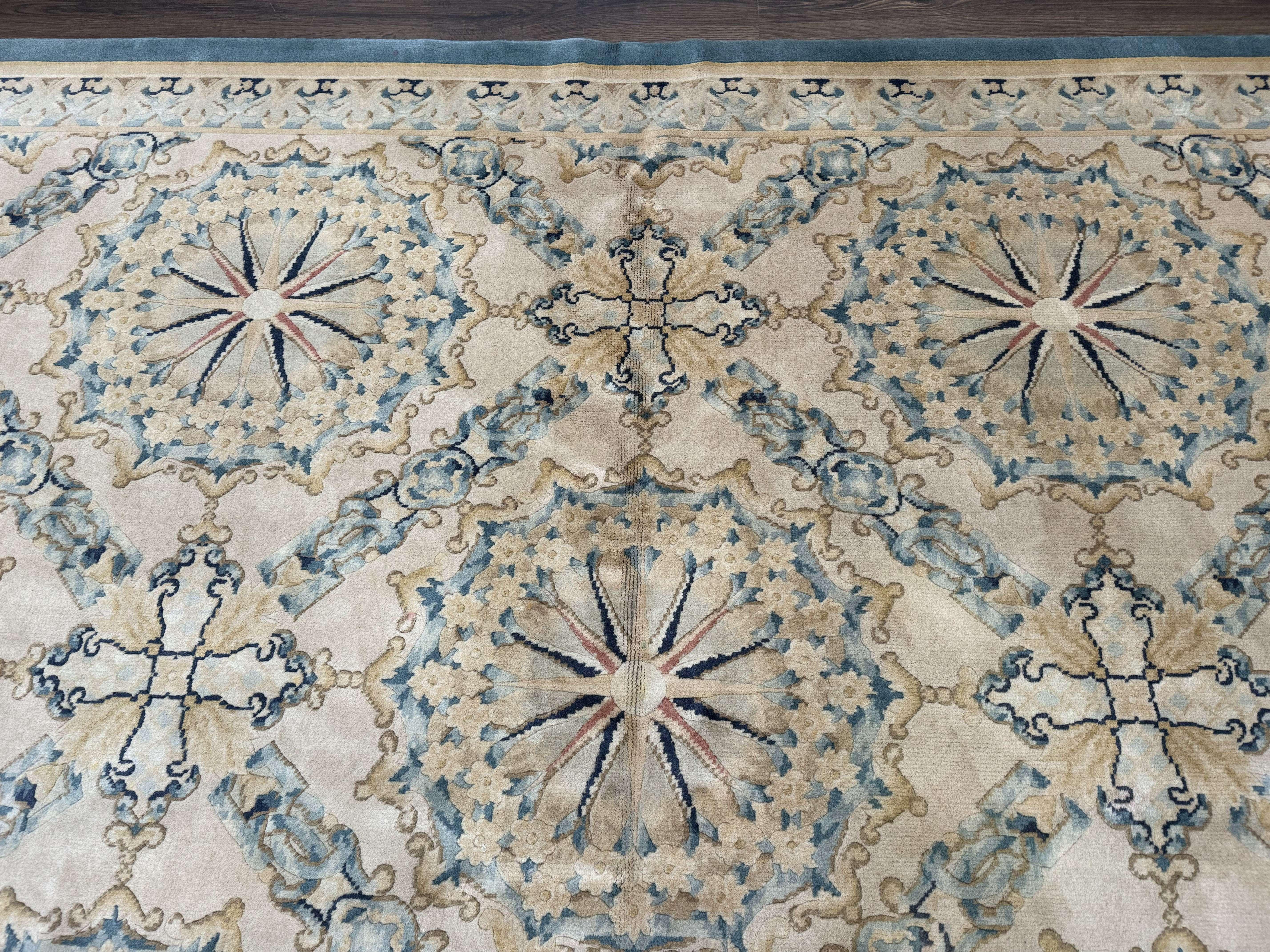 Aubusson Rug 8x10, French European Design, Soft Thick Wool Pile, Off White and Light Blue, Carving Sculpted Rug - Jewel Rugs