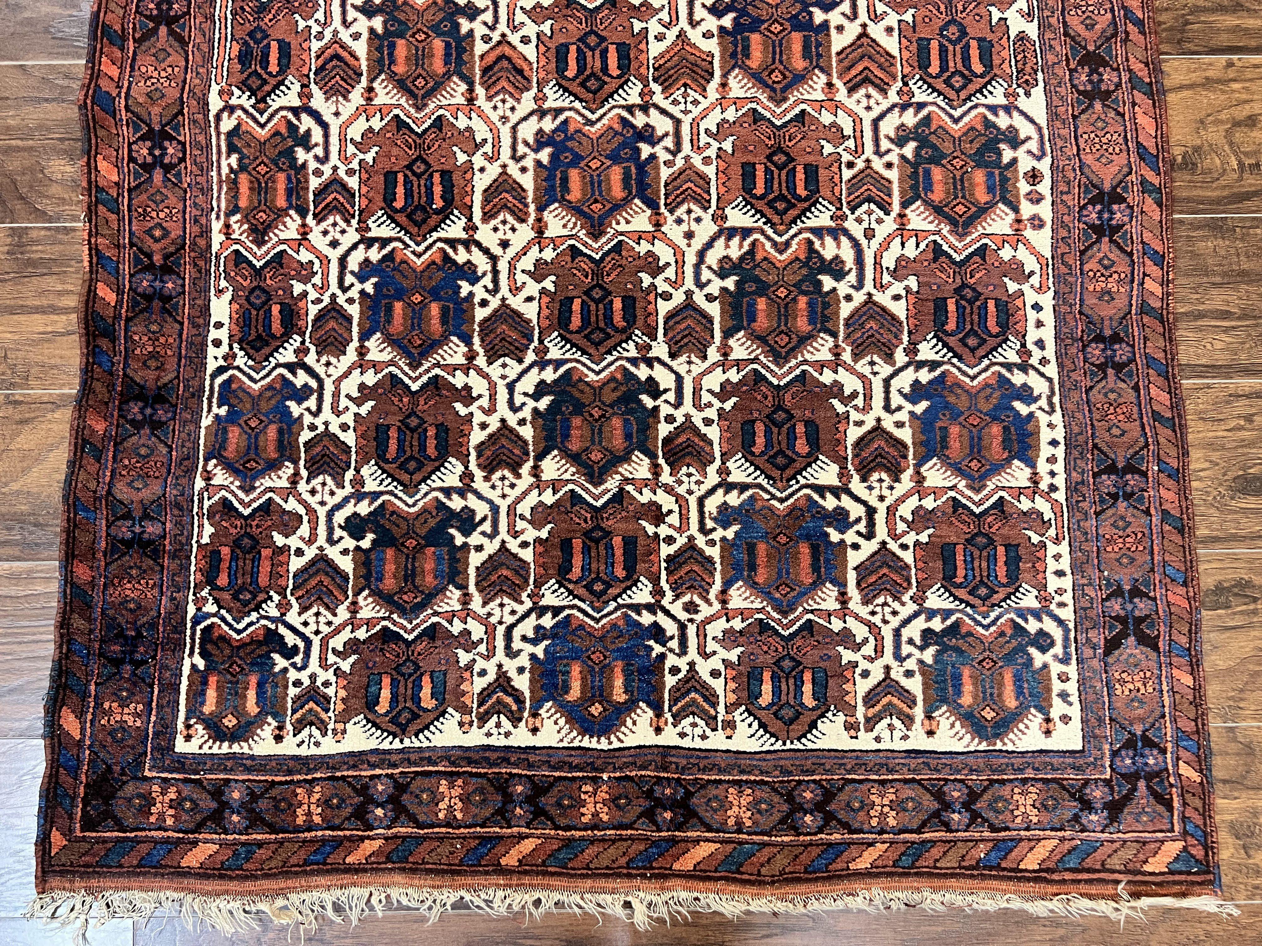 Persian Afshar Rug 4x5, Repeated Motif, Ivory & Burgundy, Wool Tribal Oriental Carpet, Handmade Vintage Semi Antique Medium Sized Rug - Jewel Rugs