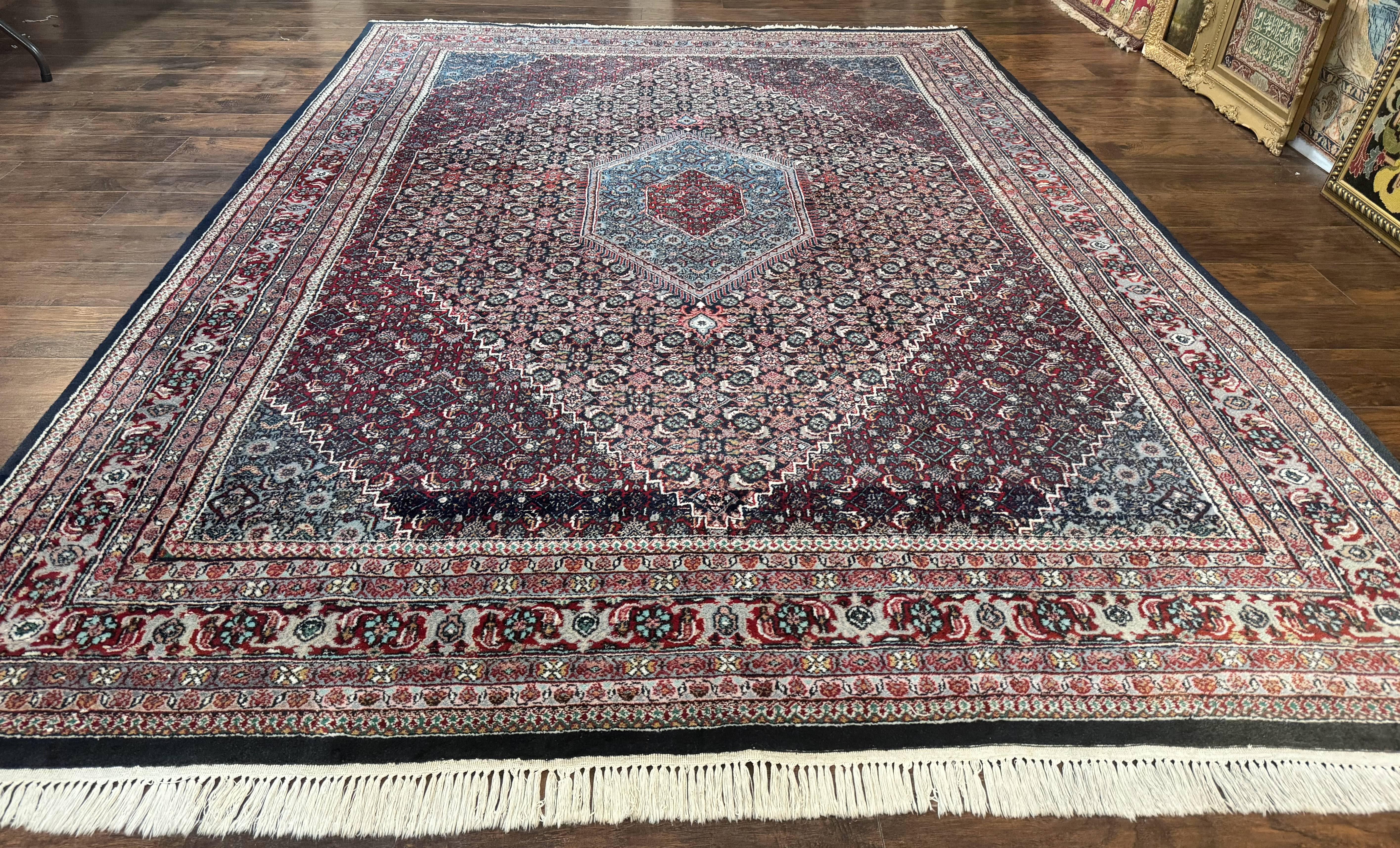 Indo Persian Bidjar Rug 8x11, Herati Mahi Pattern, Red Navy Blue, Handmade Vintage Wool Carpet - Jewel Rugs