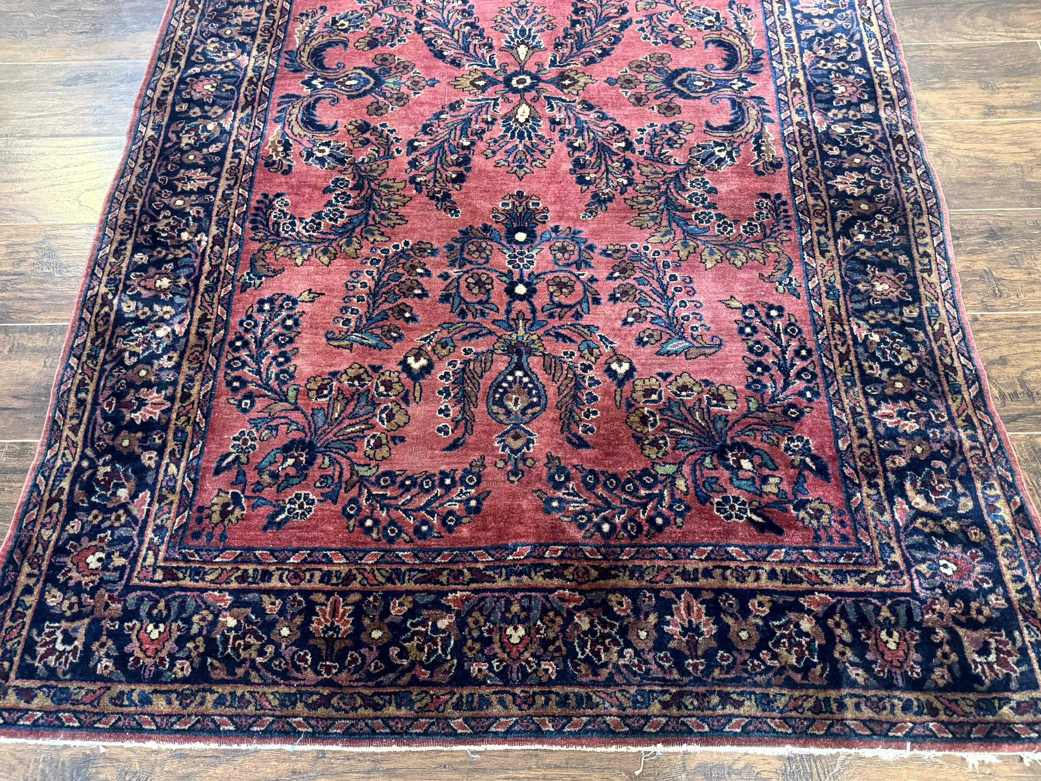 Persian Mohajeran Sarouk Rug 5x7 – Light Red and Navy, Handmade Wool, Antique Carpet, Fine 200 KPSI - Jewel Rugs