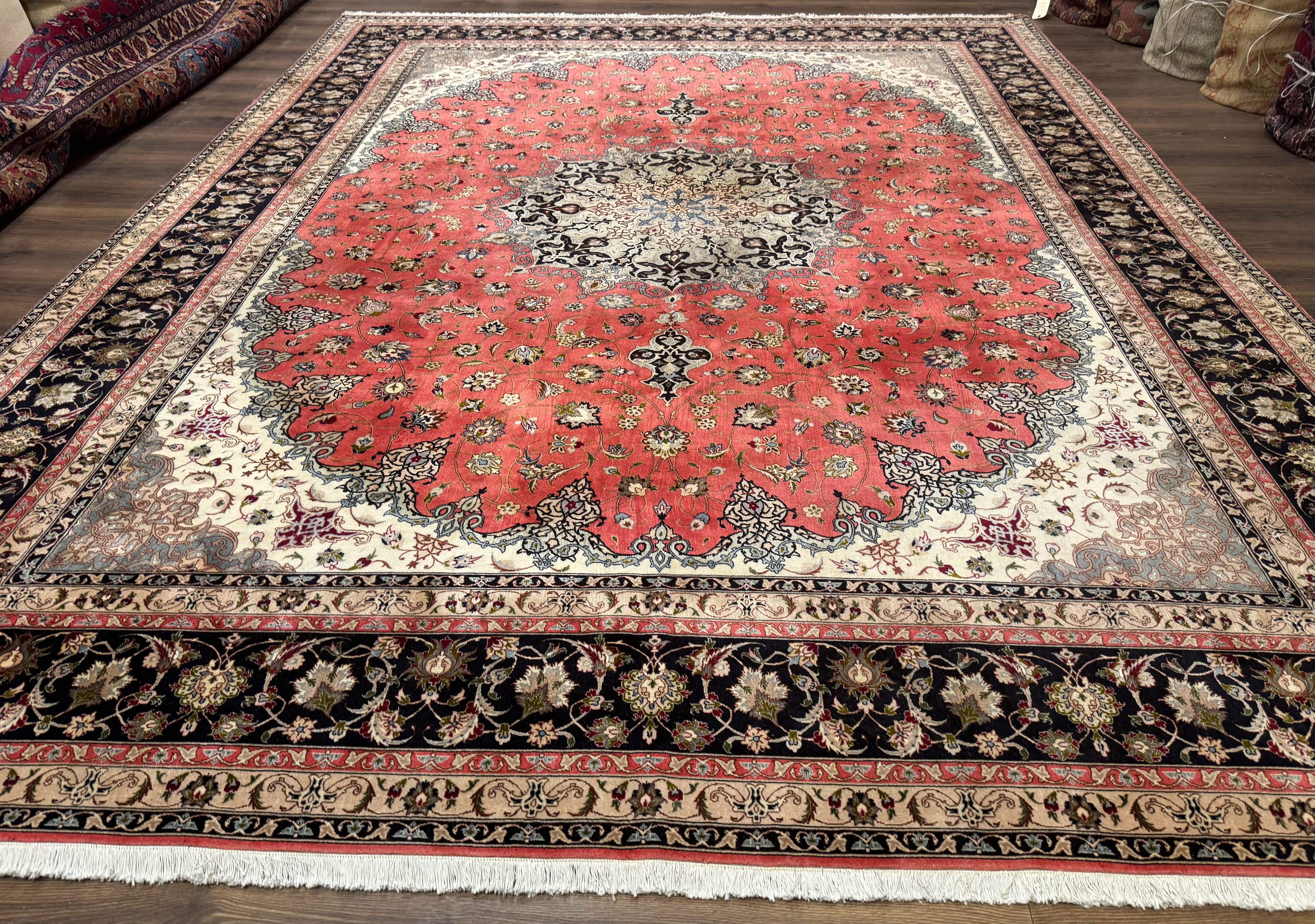 Persian Tabriz Rug 10x13, Floral Medallion, Salmon and Ivory, Hand-Knotted, 330 KPSI - Jewel Rugs