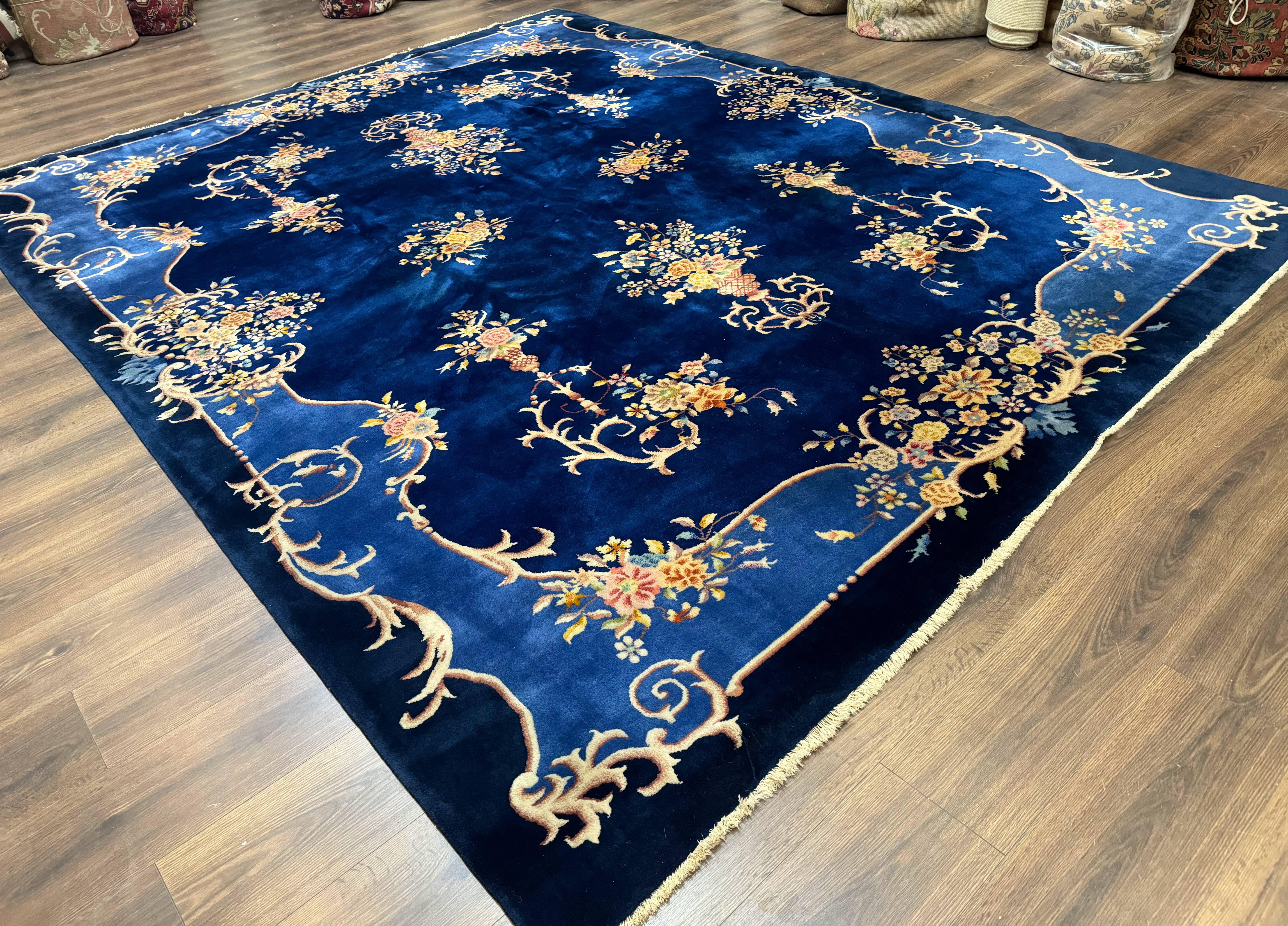 Blue Chinese Art Deco Rug 9x12, Vintage Antique Chinese Wool Rug, Chinese Fette Rug - Jewel Rugs