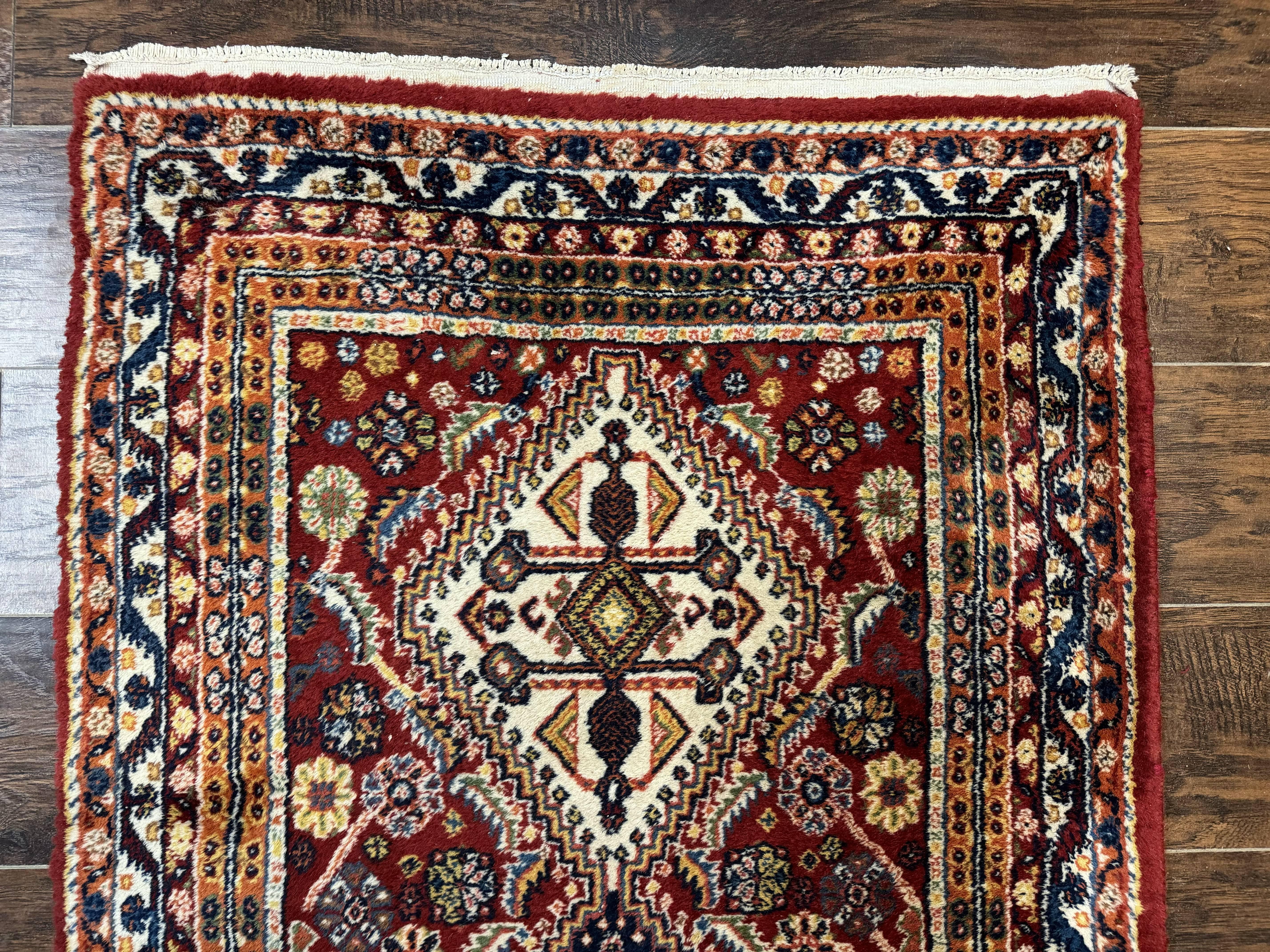 Antique Persian Qashqai Runner Rug 3 x 13 ft, Tribal Runner, Geometric Medallions, Red Ivory Blue, Wool - Jewel Rugs