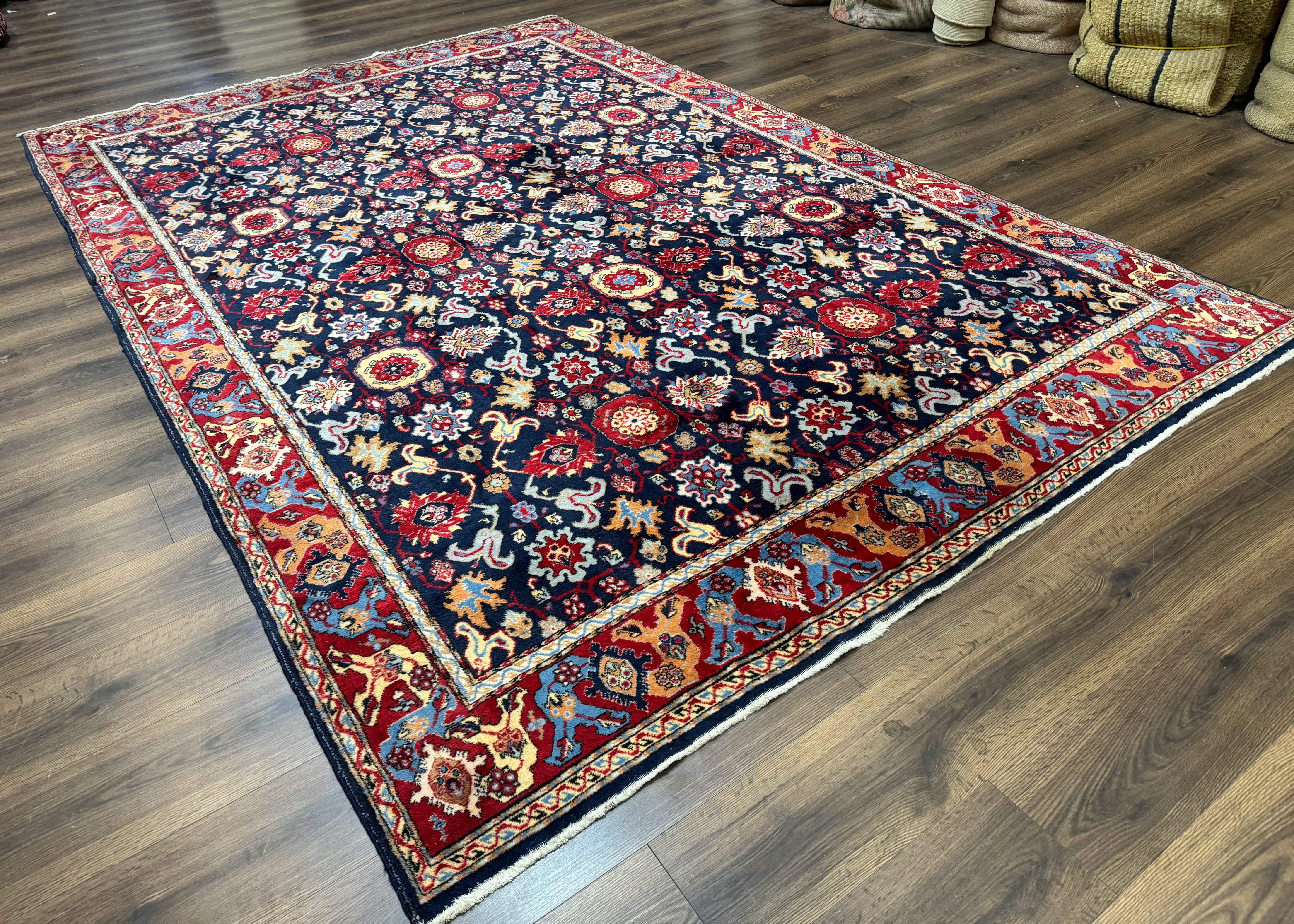 Persian Sarouk Mahal Rug 7x11, Navy Blue Multicolor Colorful Persian Carpet, Mina Khani Allover Pattern, Vintage Persian Rug - Jewel Rugs