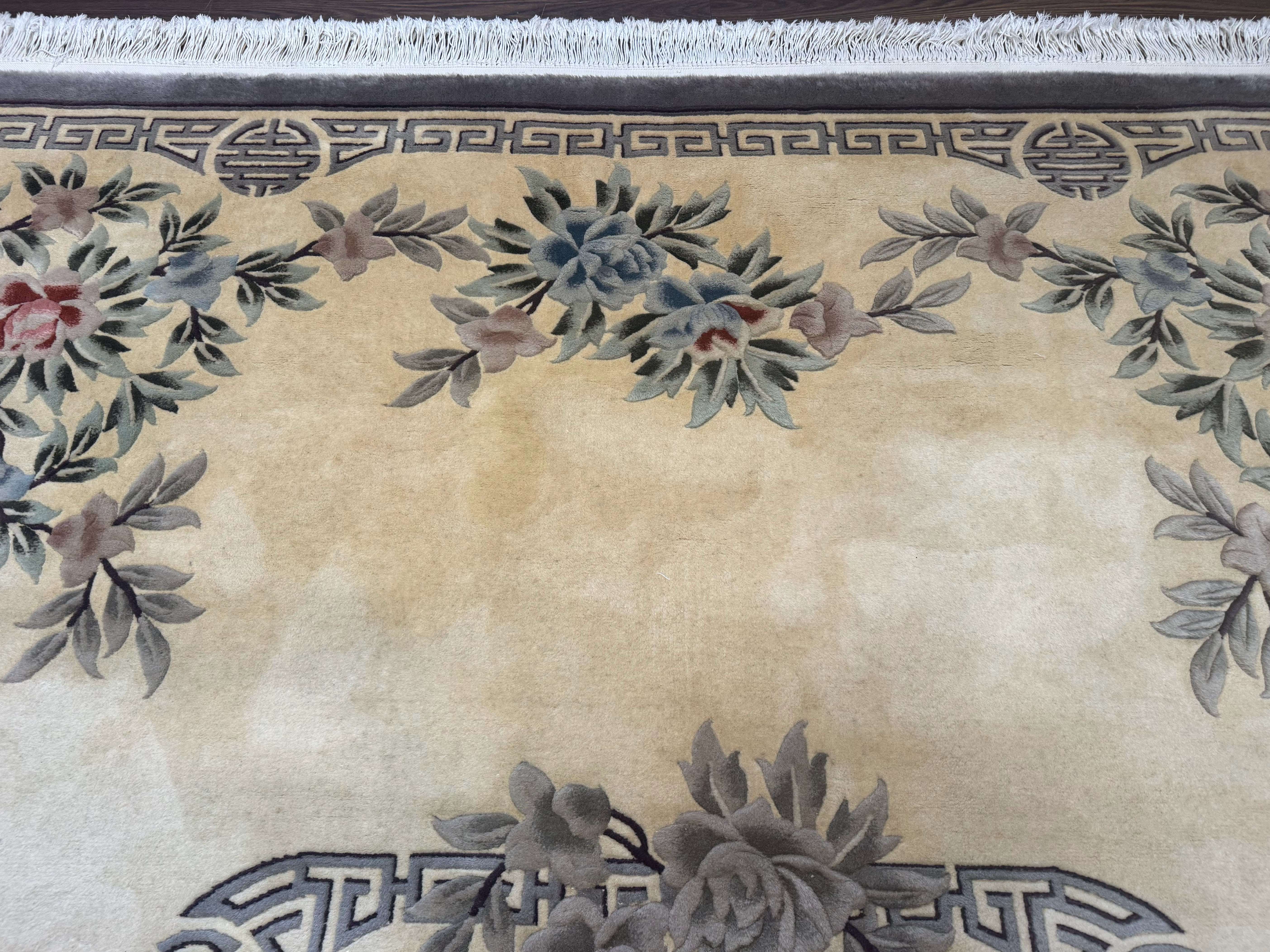 Chinese Wool Rug 9x12, Carving 90 Line Carpet, Floral, Cream and Green - Jewel Rugs