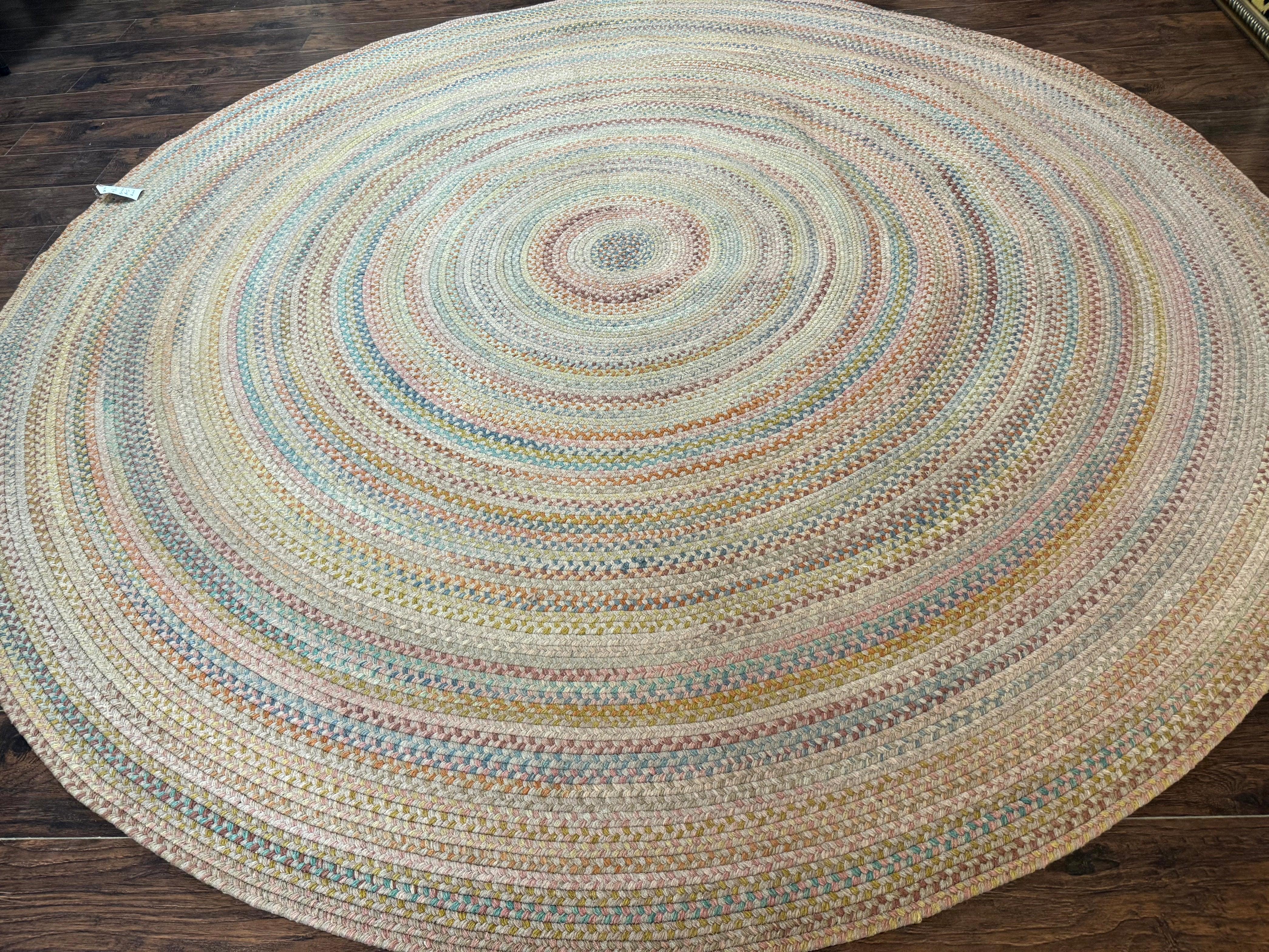 Large American Round Braided Rug 10x10, Multicolor, Vintage, Mid Century, Hand Braided - Jewel Rugs