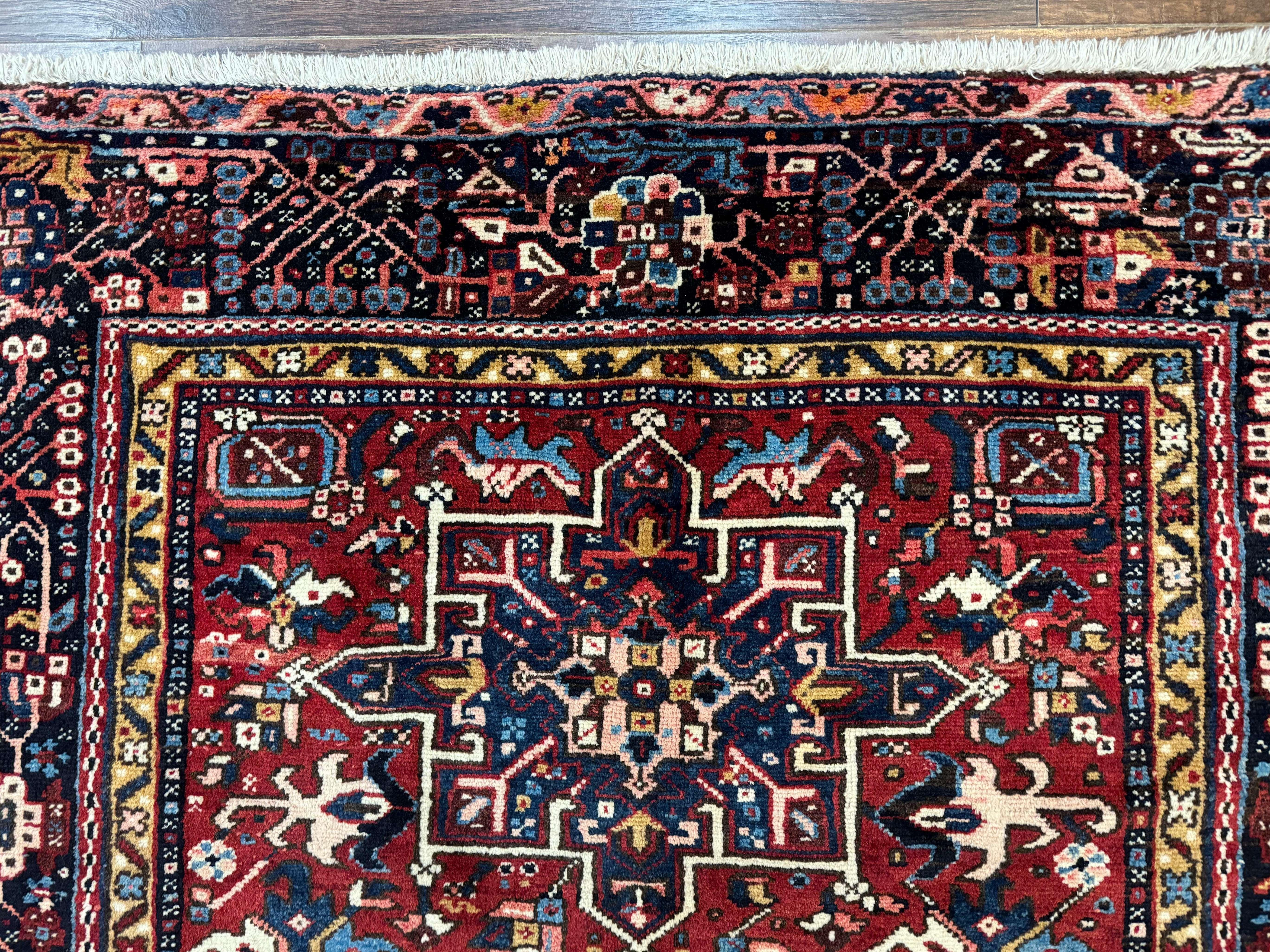 Persian Karajeh Rug 5x6, Antique Heriz Carpet, Geometric, Persian Tribal Rug, Brick Red Navy Blue - Jewel Rugs