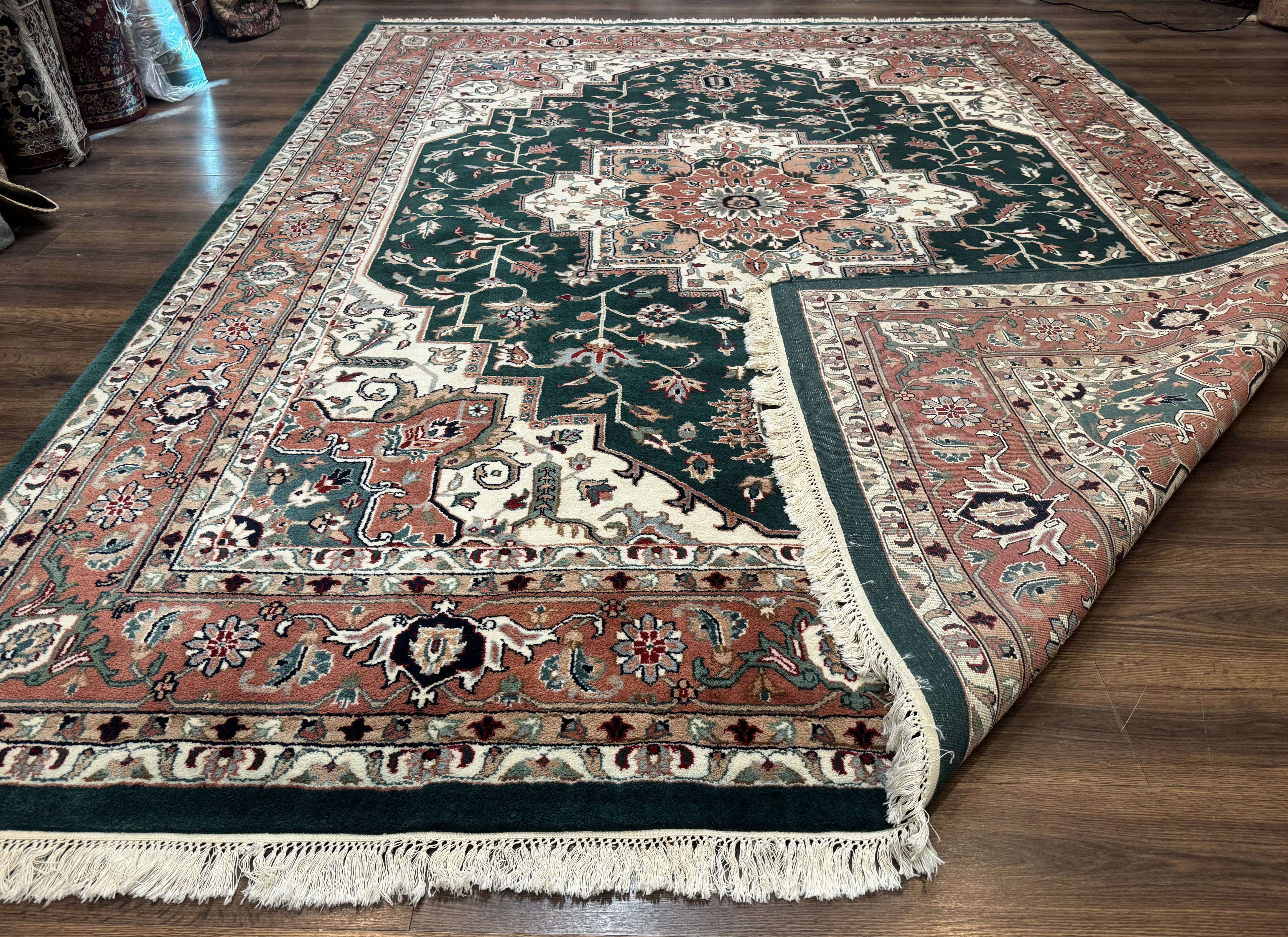 Indo Persian Heriz Rug 9x12, Dark Green & Ivory, Wool Hand Knotted Carpet - Jewel Rugs