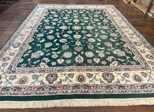 Indo Persian Rug 8x10, Dark Green and Ivory, Floral, Handmade Vintage Wool Carpet
