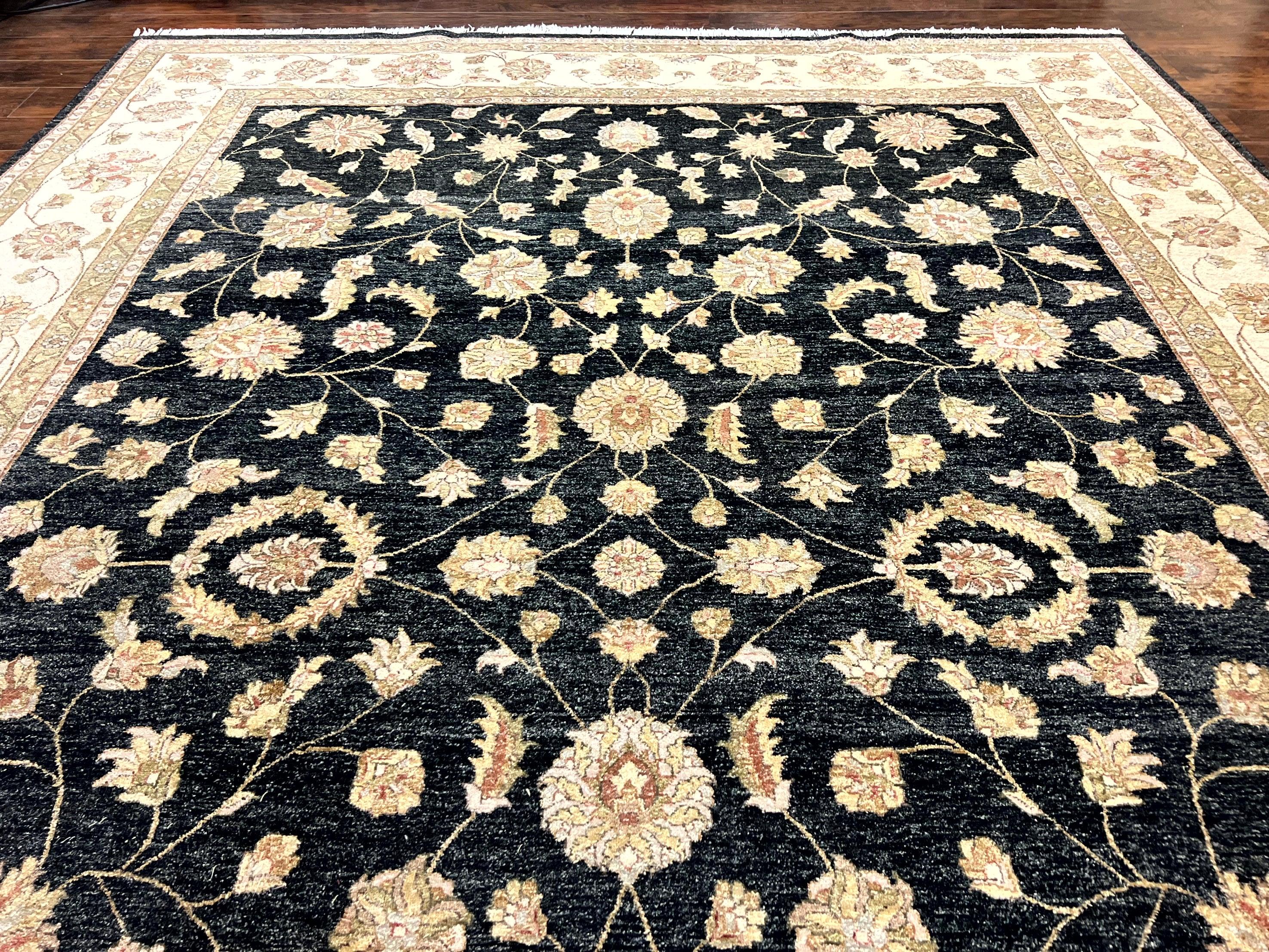Indo Persian Rug 10x14, Charcoal and Beige, Floral Allover, Handmade Vintage Wool Carpet - Jewel Rugs