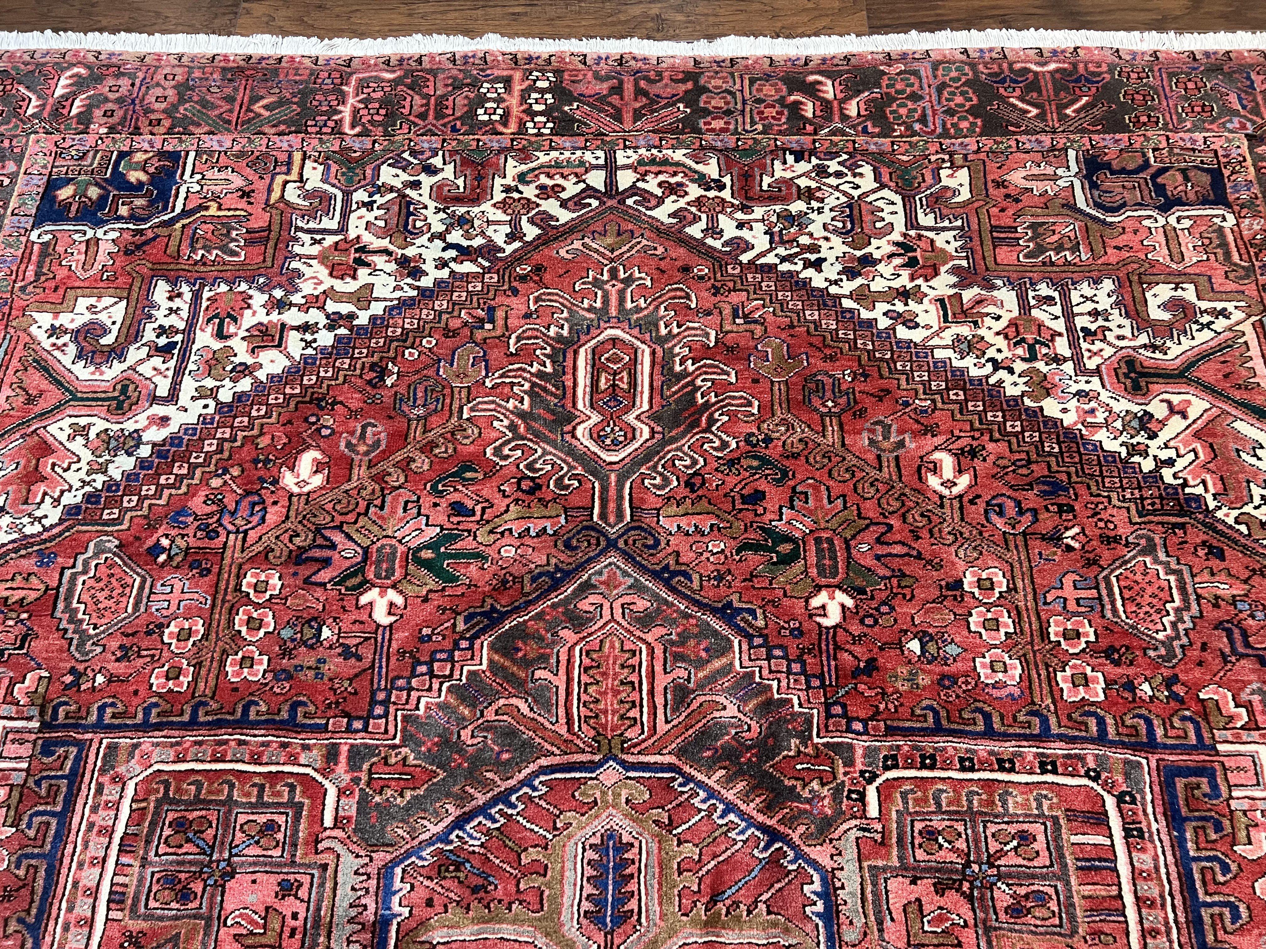 Persian Heriz Rug 10x13, Wool Hand Knotted Antique Carpet, Red Ivory, Geometric Rug 10 x 13 - Jewel Rugs