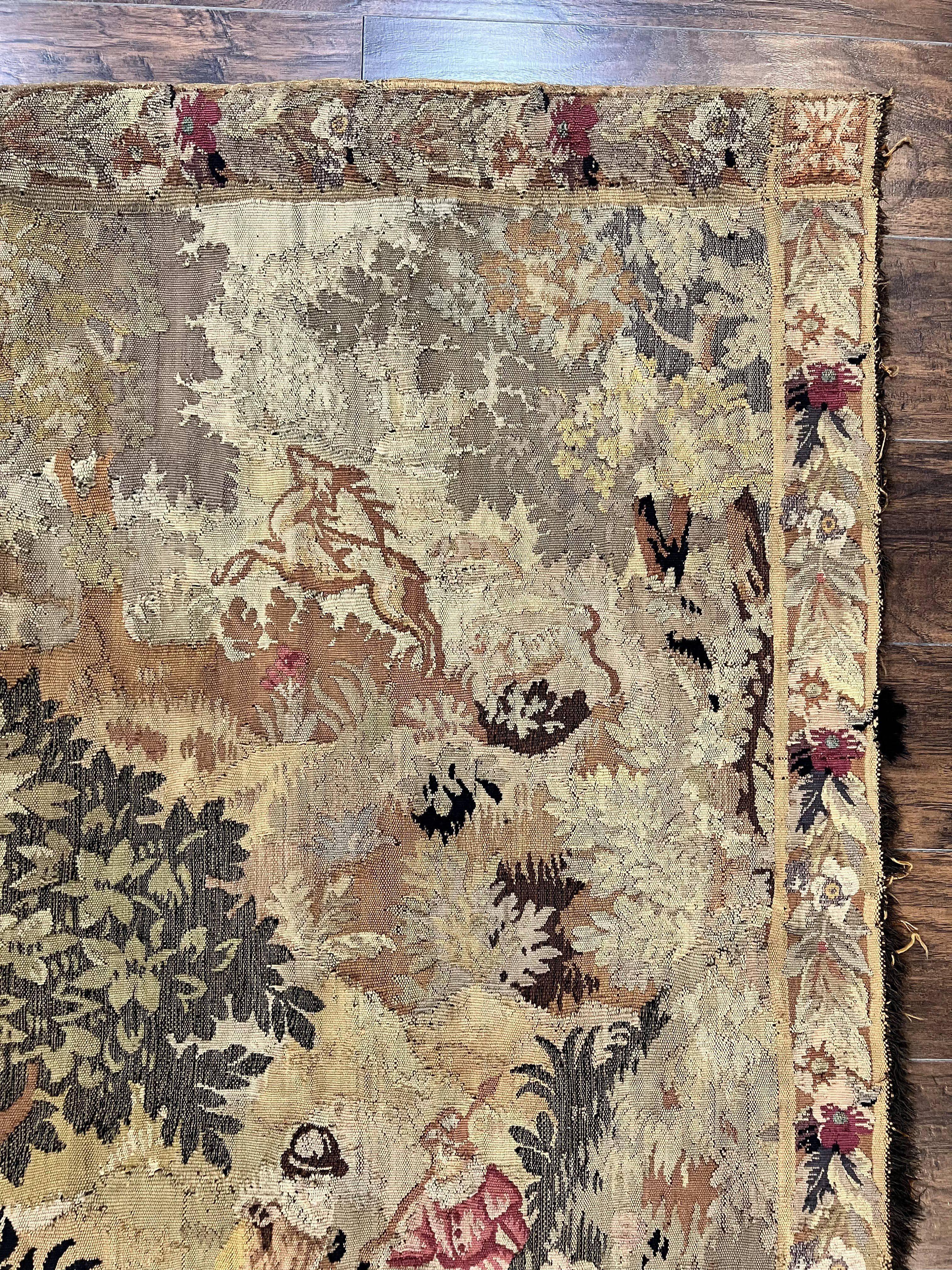 Antique French Tapestry 6x5 ft, European Handmade Wool Aubusson Weave Vintage Tapestry - Jewel Rugs