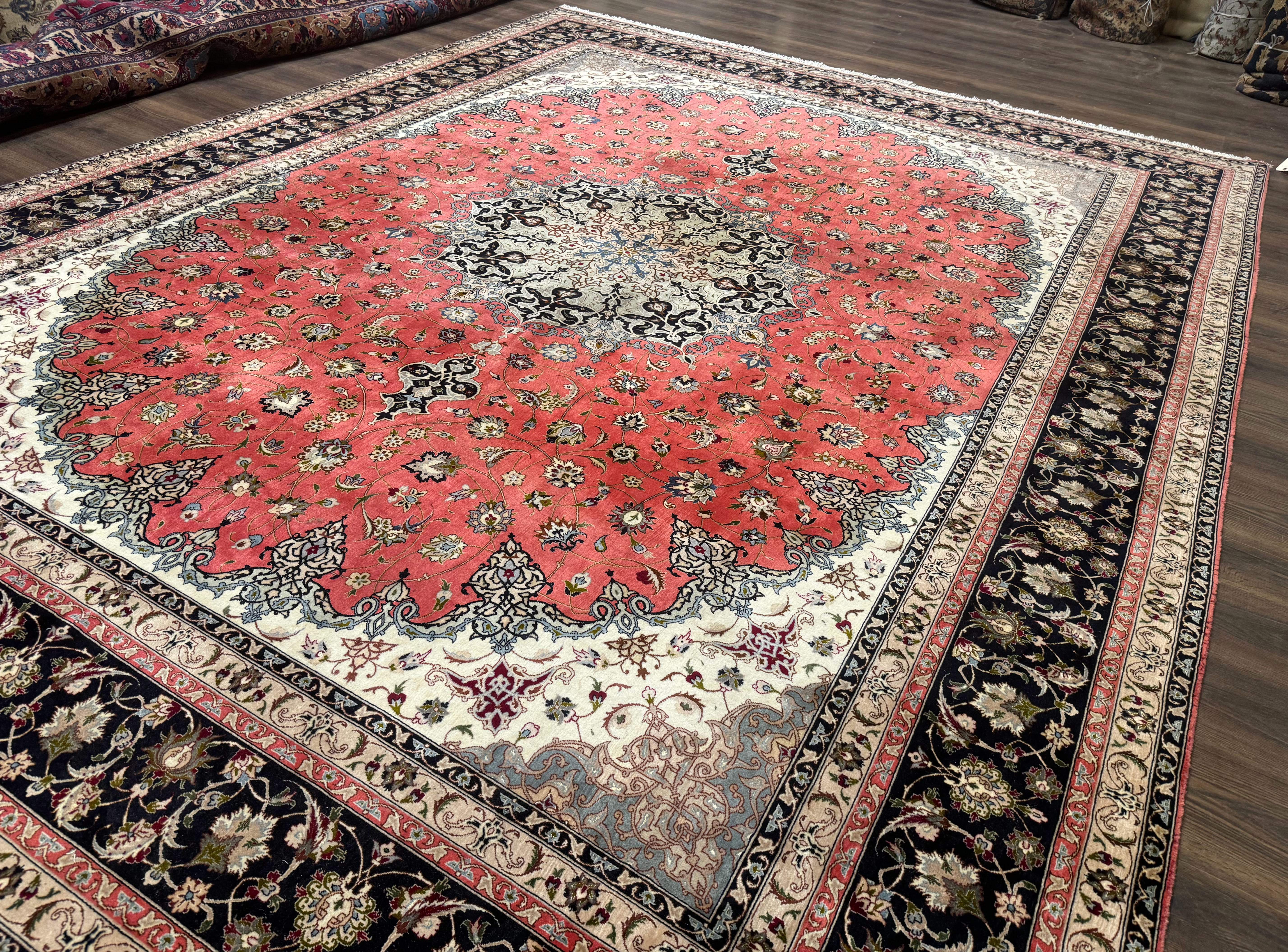 Persian Tabriz Rug 10x13, Floral Medallion, Salmon and Ivory, Hand-Knotted, 330 KPSI - Jewel Rugs