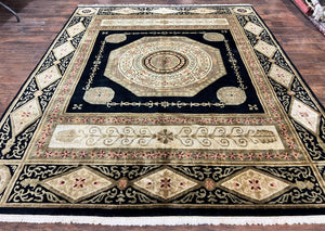 Tibetan Rug 8x10, Nepali Area Rug, Soft New Zealand Wool Carpet 8 x 10 ft, Black Tan Beige, Vintage Handmade Rug, French Aubusson Pattern