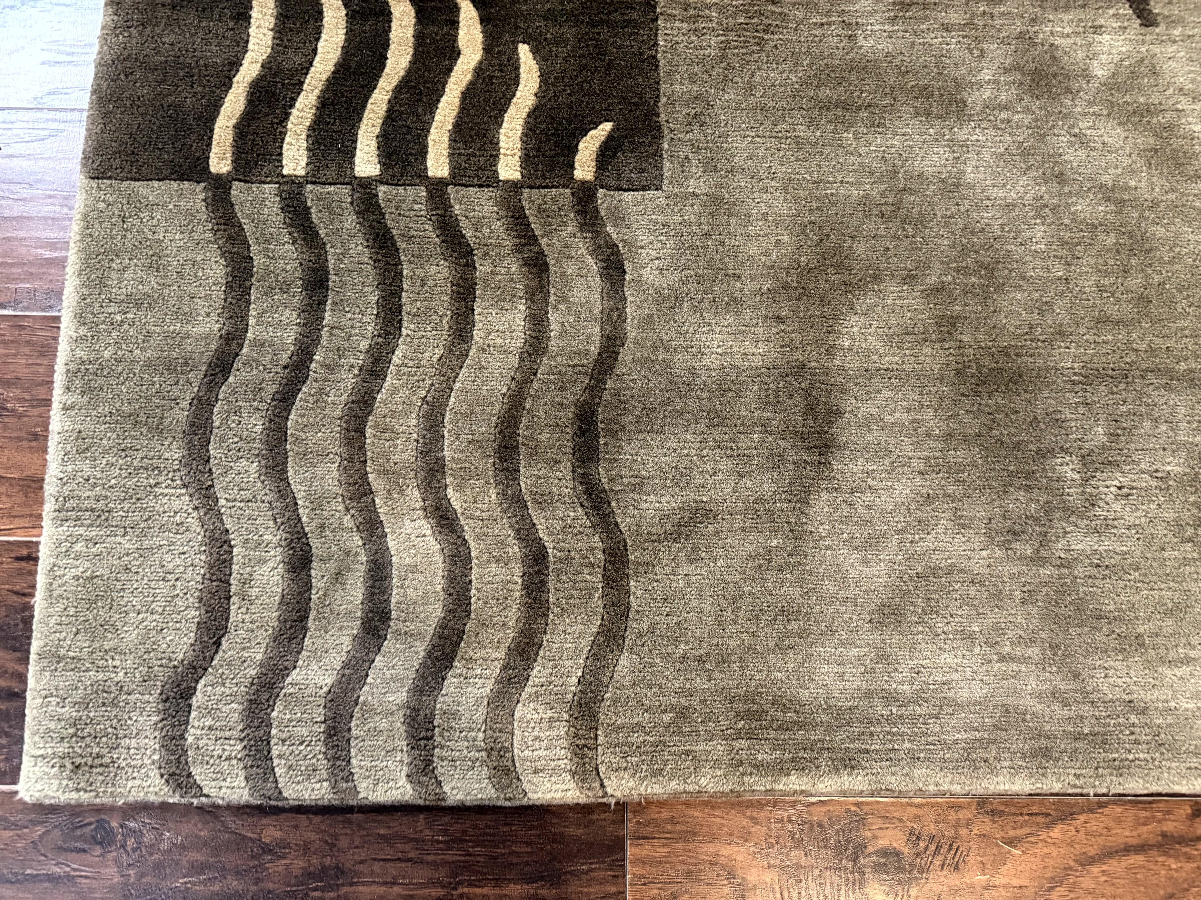 Modern Tibetan Wool Rug 3.6 x 5.6, Shades of Green, Abstract Design - Jewel Rugs