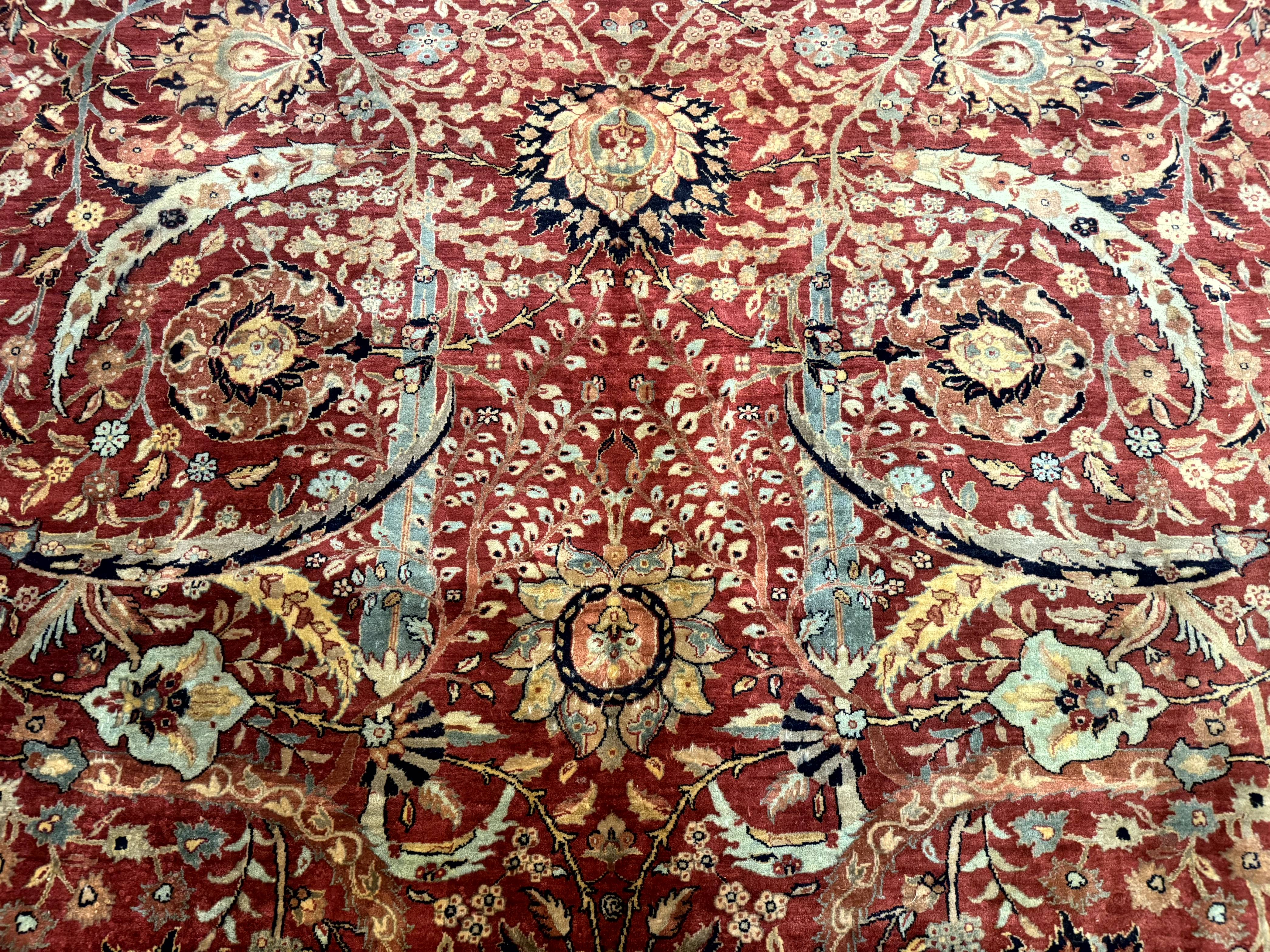 Indian Agra Rug 9x11, Terracotta and Navy Blue, Sickle Leaf Rug - Jewel Rugs