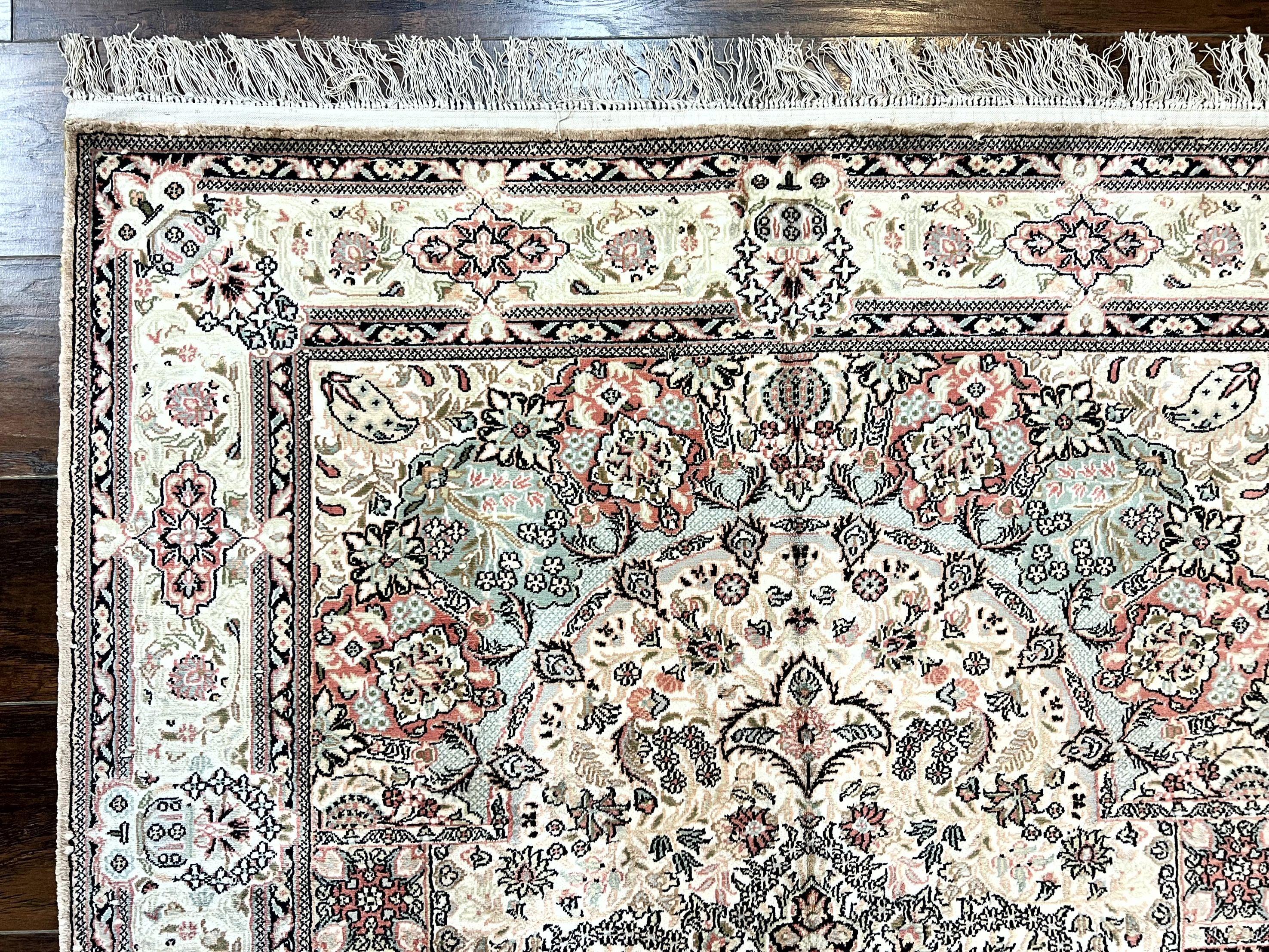 Silk Indian Kashmiri Rug 4x6, Handmade Vintage Silk Carpet, Ivory and Multicolor, Detailed Fine 240 KPSI - Jewel Rugs