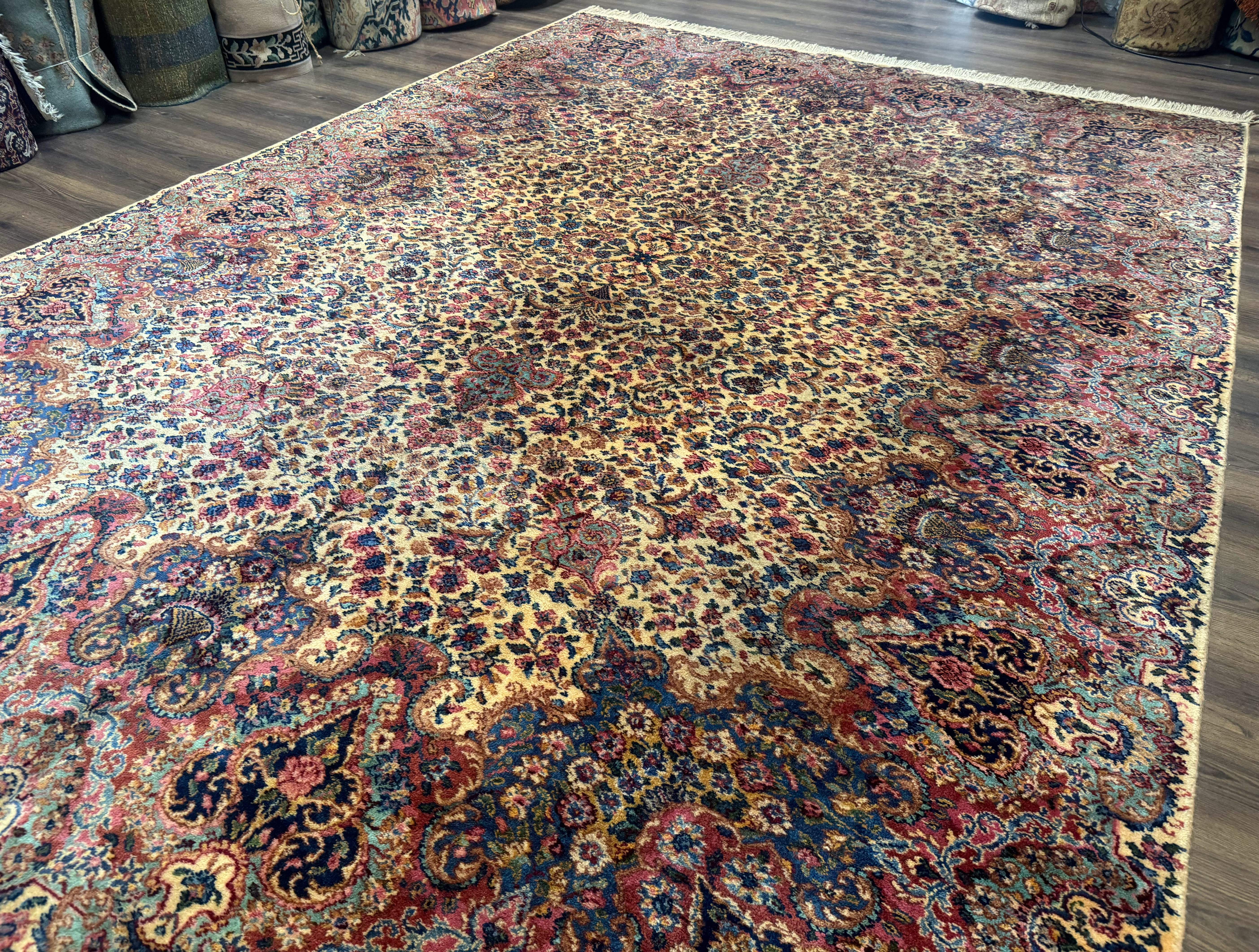 Karastan Ivory Floral Kirman Rug 8.8 x 12, Wool Vintage Discontinued - Jewel Rugs