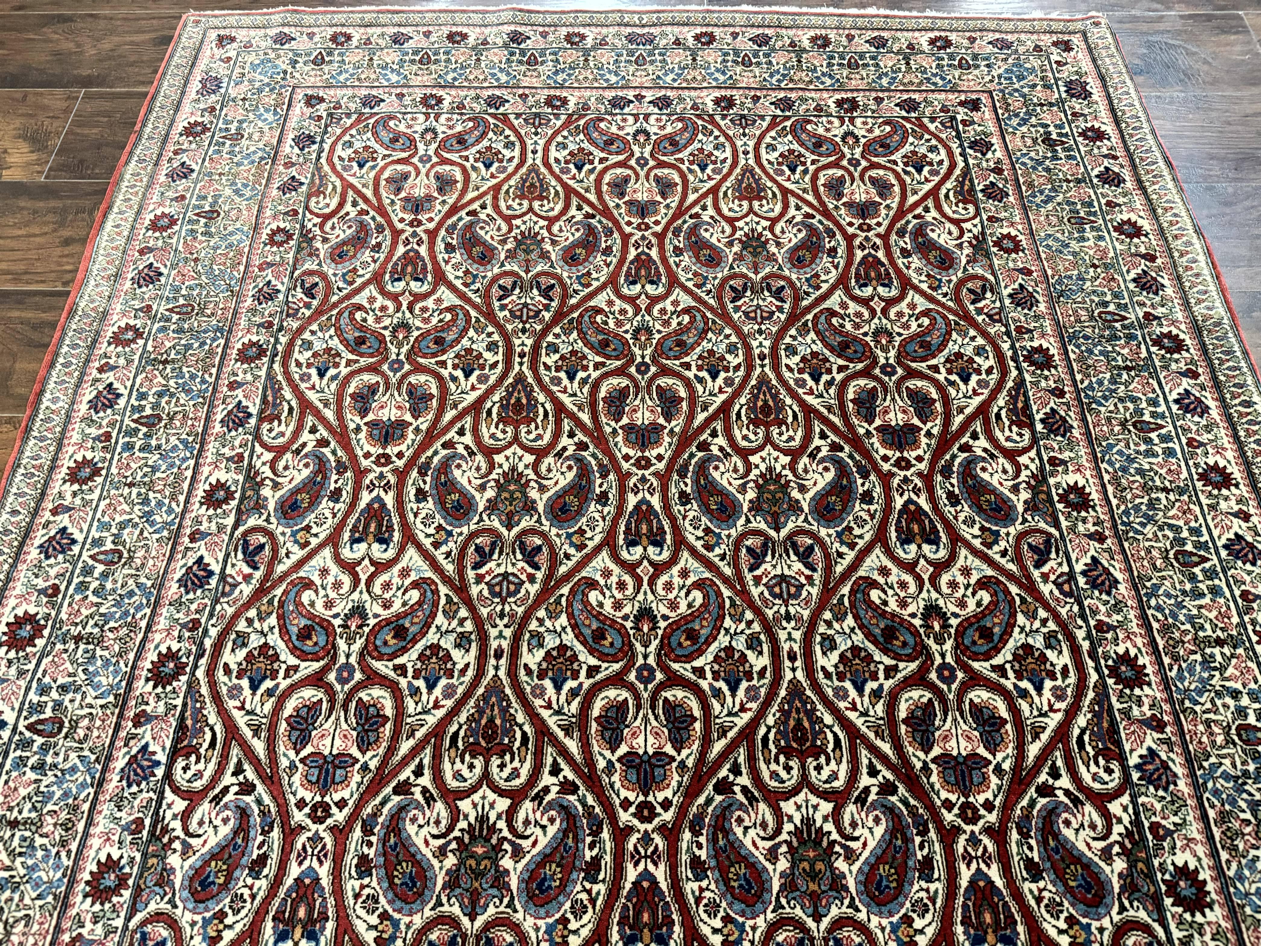 Unique Persian Qum Rug 5x7, Repeated Paisely Boteh Design, Ivory Red Blue, Handmade Antique Wool Persian Carpet, Finely Hand Knotted - Jewel Rugs