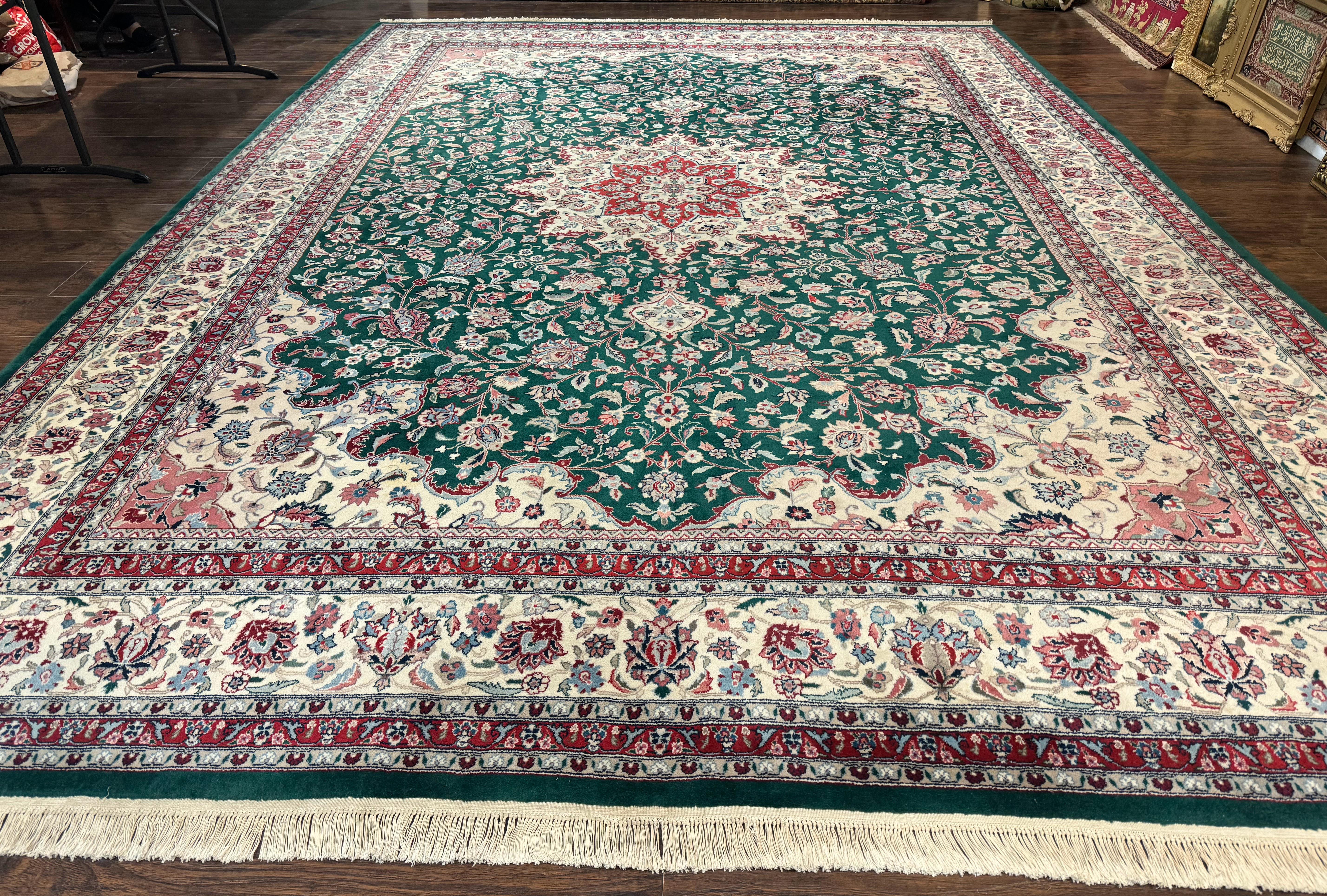 Pak Persian Rug 10x14, Floral Medallion, Dark Green and Ivory, Handmade Vintage Wool Carpet - Jewel Rugs
