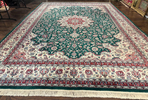 Pak Persian Rug 10x14, Floral Medallion, Dark Green and Ivory, Handmade Vintage Wool Carpet