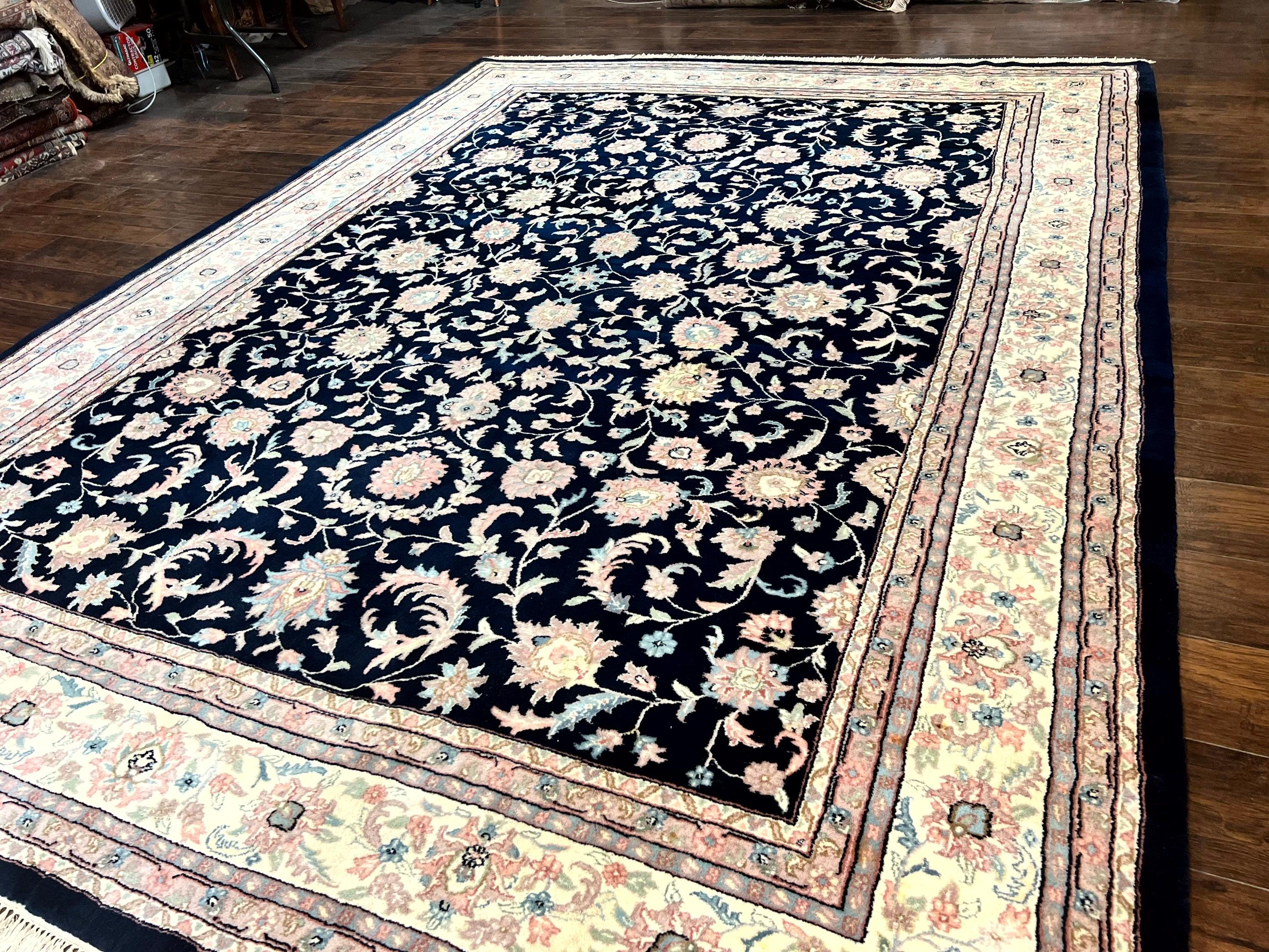 Indo Persian Rug 9x12, Navy Blue and Ivory/Cream, Floral Allover, Wool Vintage Handmade Carpet - Jewel Rugs