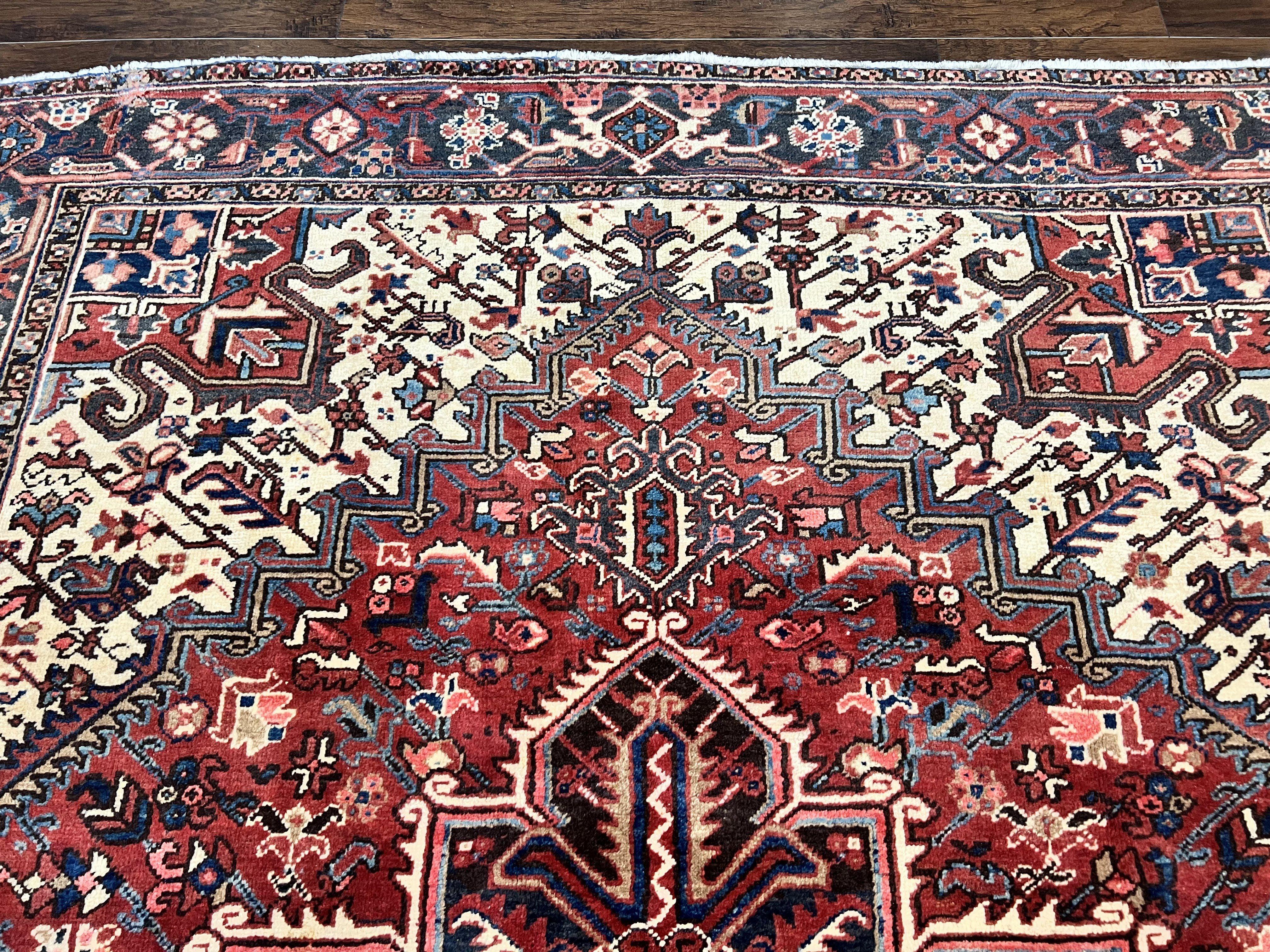 Persian Heriz Rug 8x11, Wool Hand Knotted Antique Carpet, Red Navy Blue Ivory, Geometric Rug, 8 x 11 Room Sized Oriental Rug - Jewel Rugs