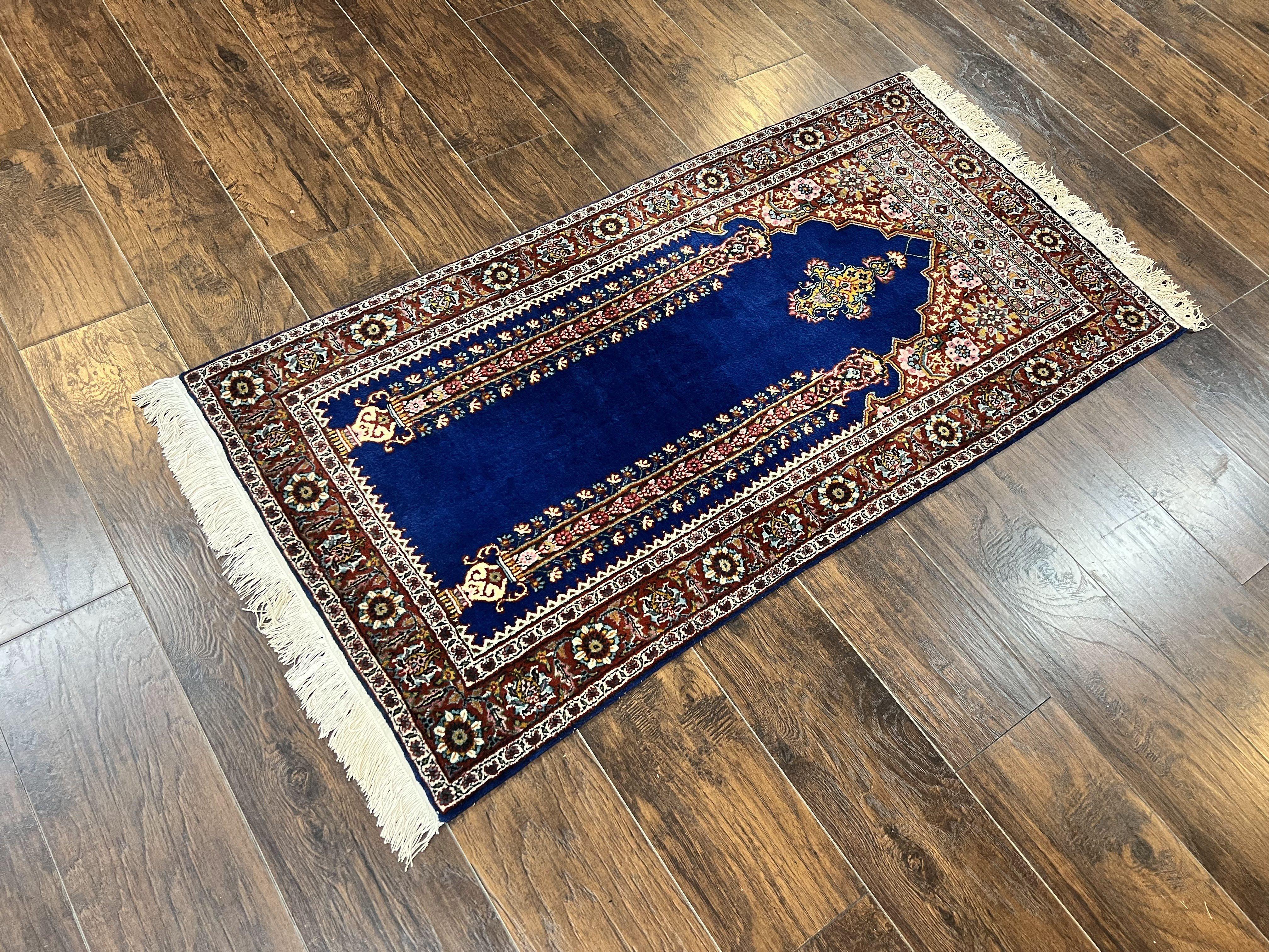 Indo Persian Prayer Rug 3x5, Fine Oriental Carpet, Dark Blue and Red, Vintage Hand Knotted Handmade Prayer Rug - Jewel Rugs